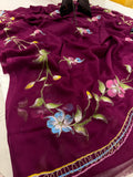 Pure Chiffon Hand Painted Saree – Wine Purple with Multicolour Florals