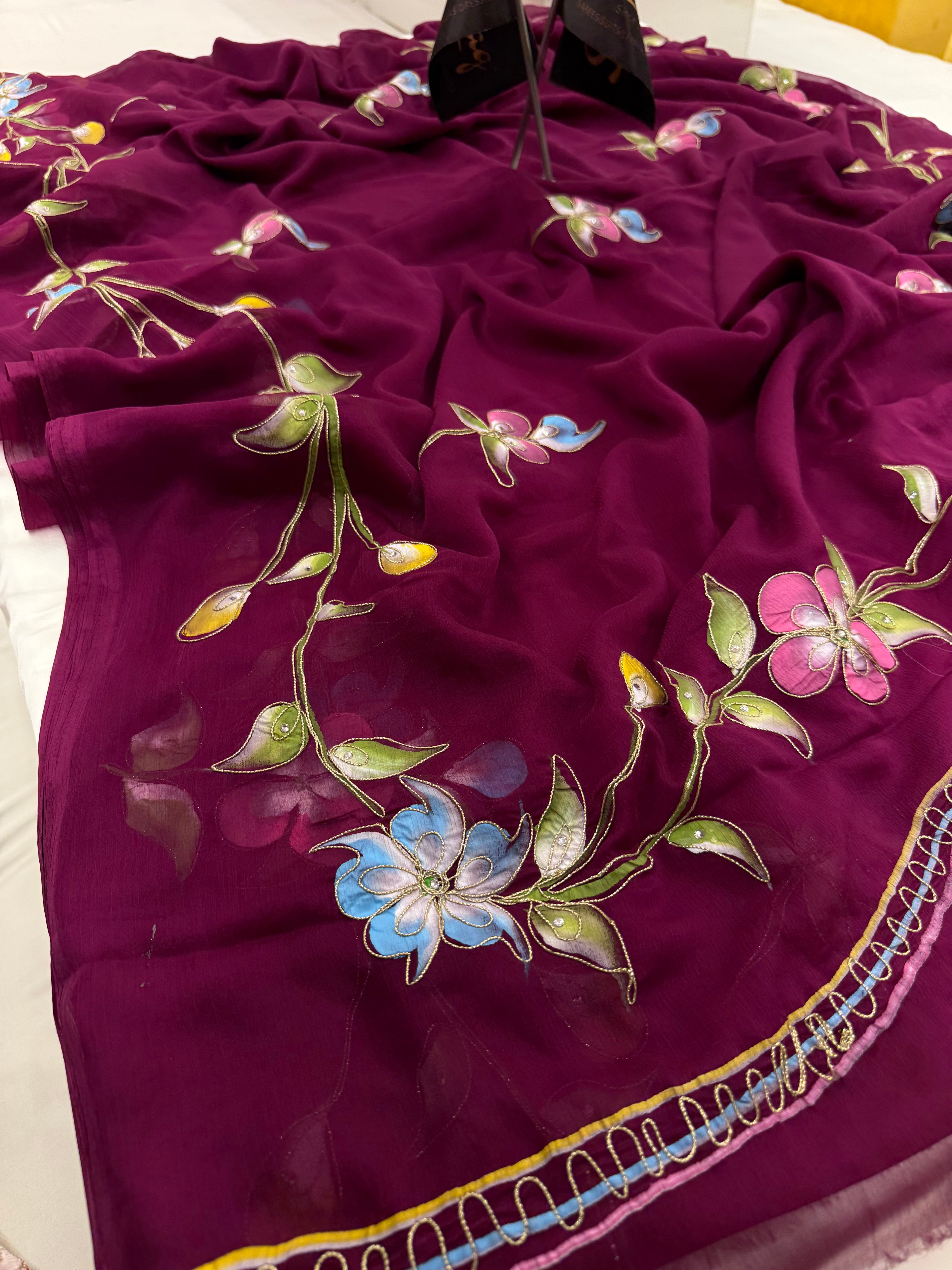 Pure Chiffon Hand Painted Saree – Wine Purple with Multicolour Florals