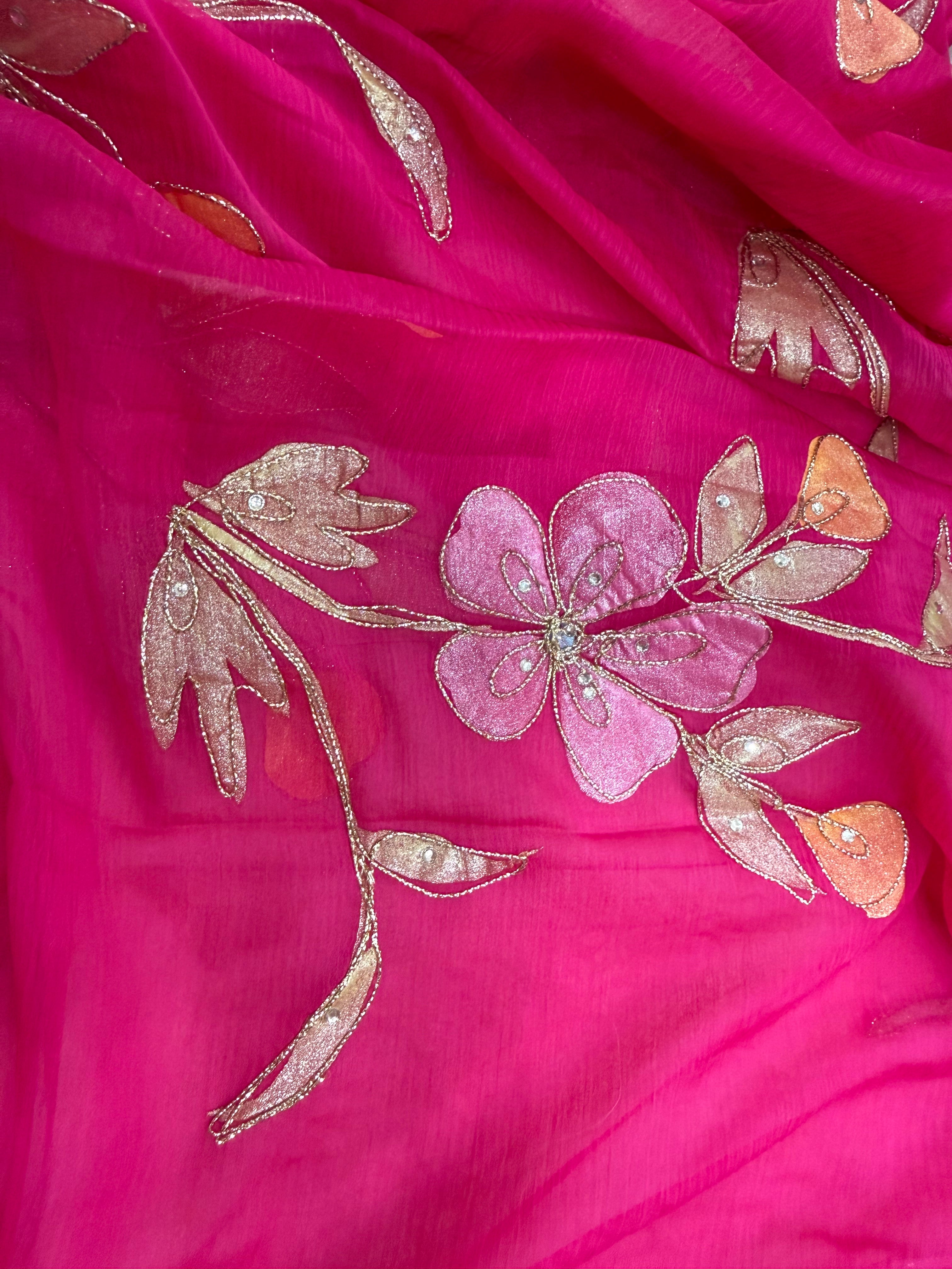 Pure Chiffon Hand Painted Saree | Hot Pink Metallic Floral Embroidery