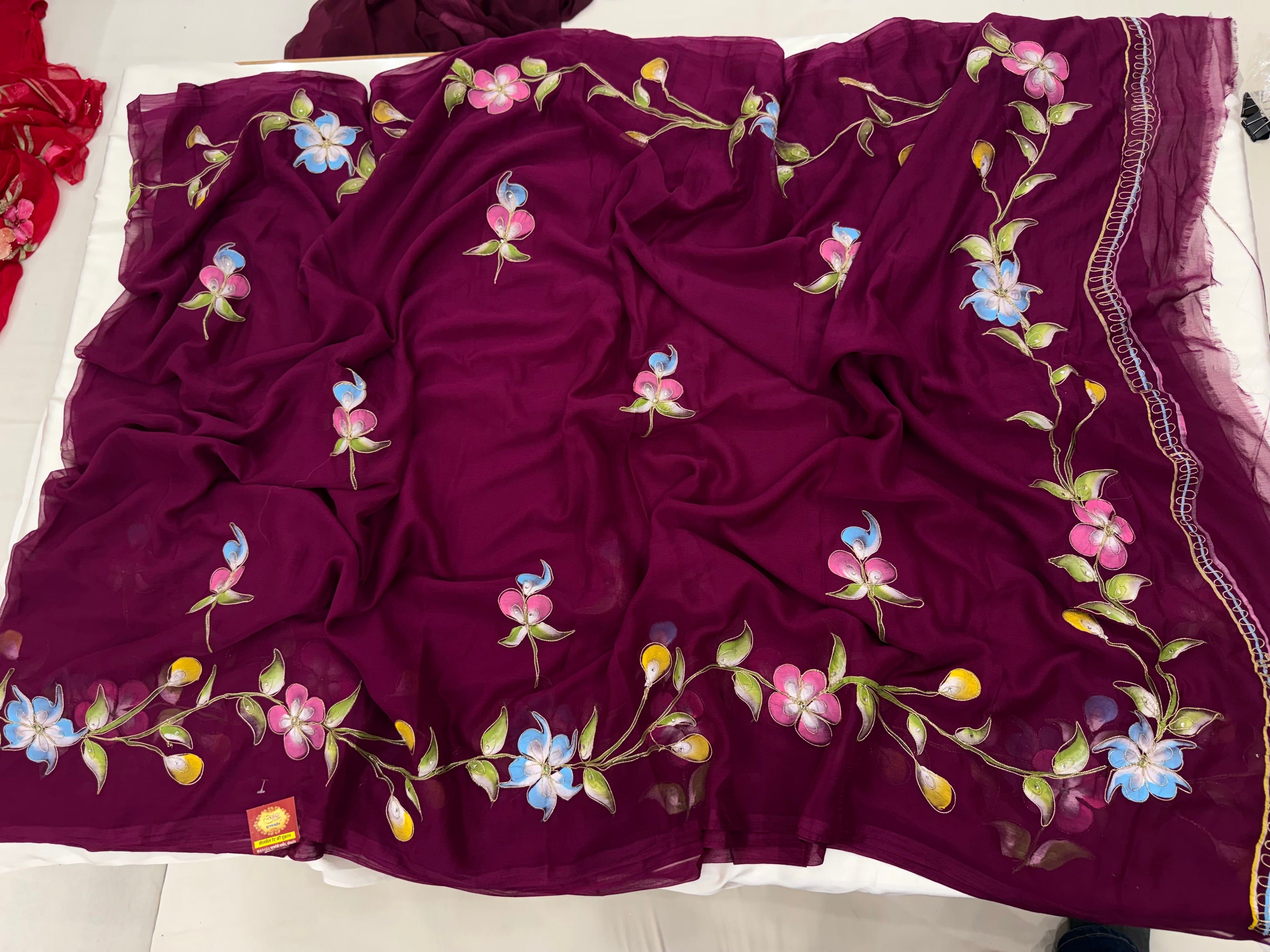 Pure Chiffon Hand Painted Saree – Wine Purple with Multicolour Florals