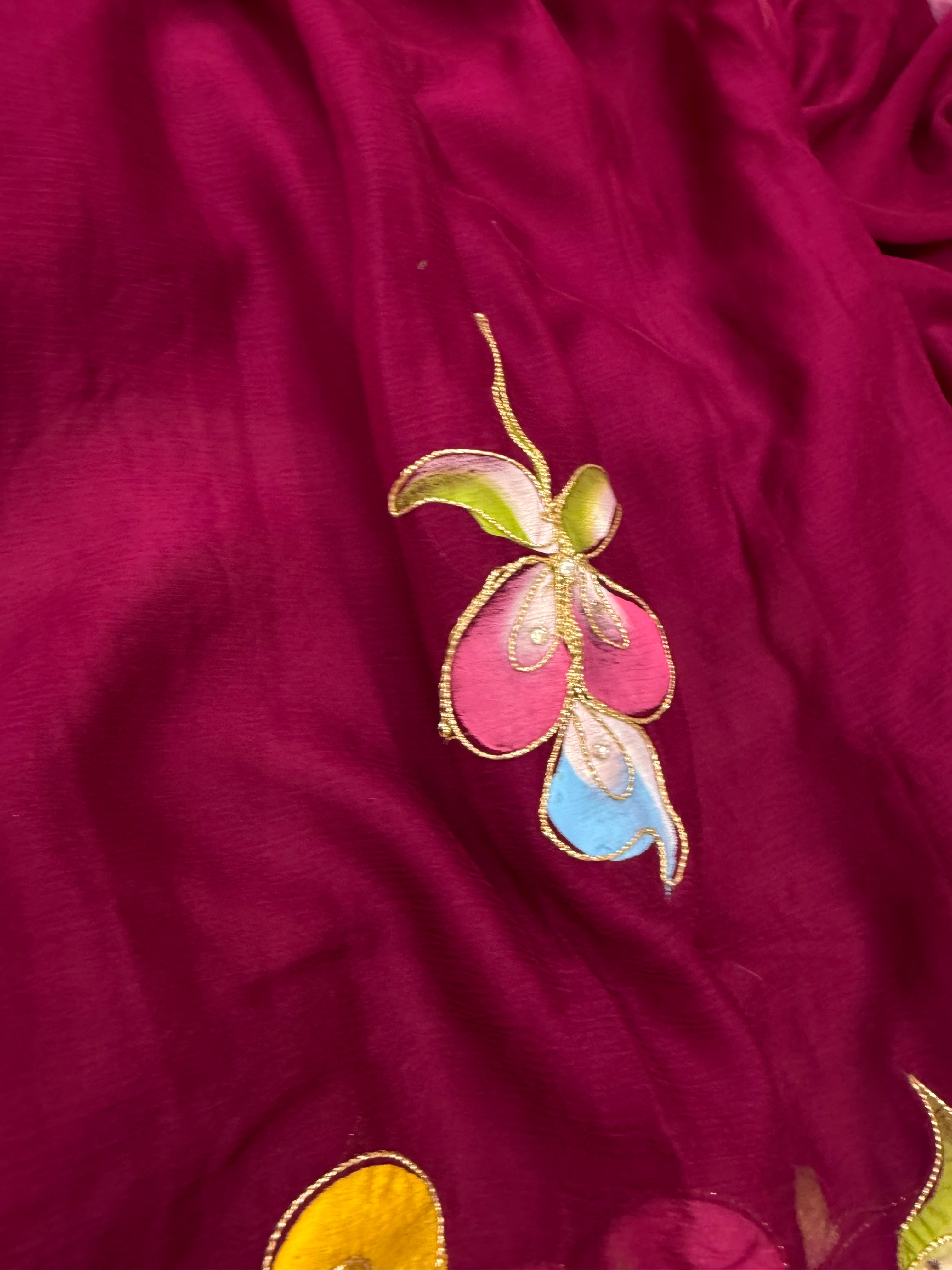 Pure Chiffon Hand Painted Saree | Wine Purple Floral with Gota Border