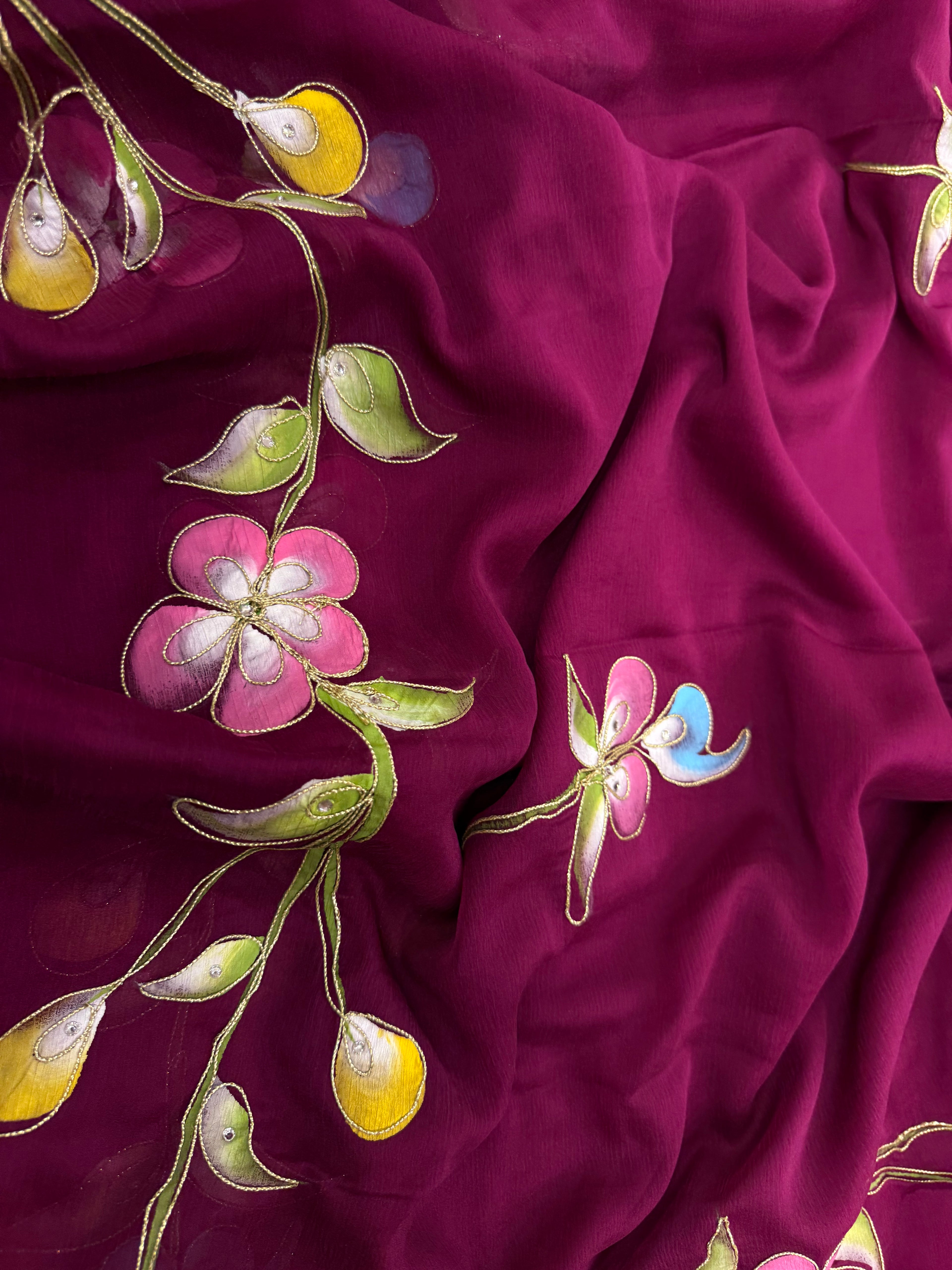 Pure Chiffon Hand Painted Saree – Wine Purple with Multicolour Florals