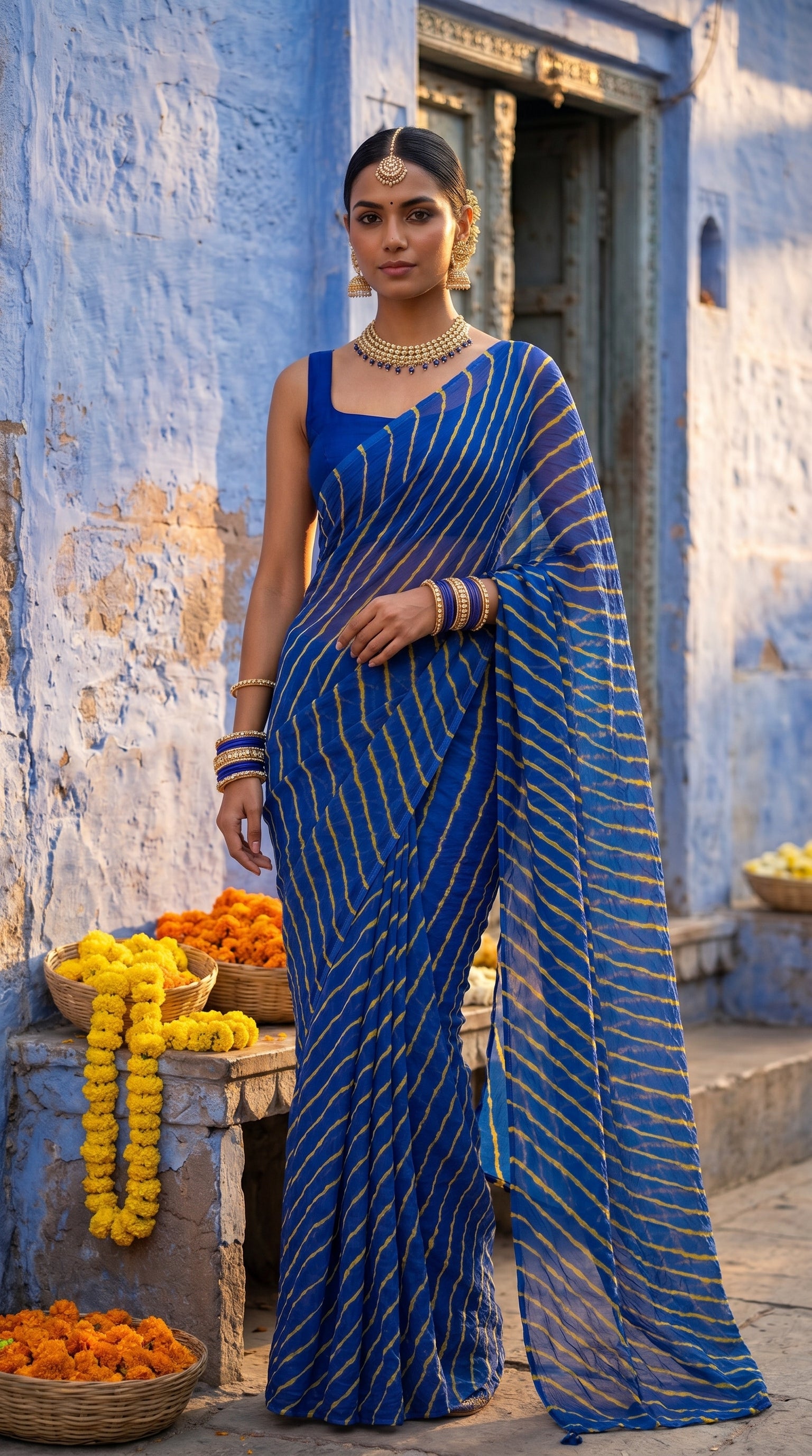 Royal Blue & Yellow Leheriya Chiffon Saree