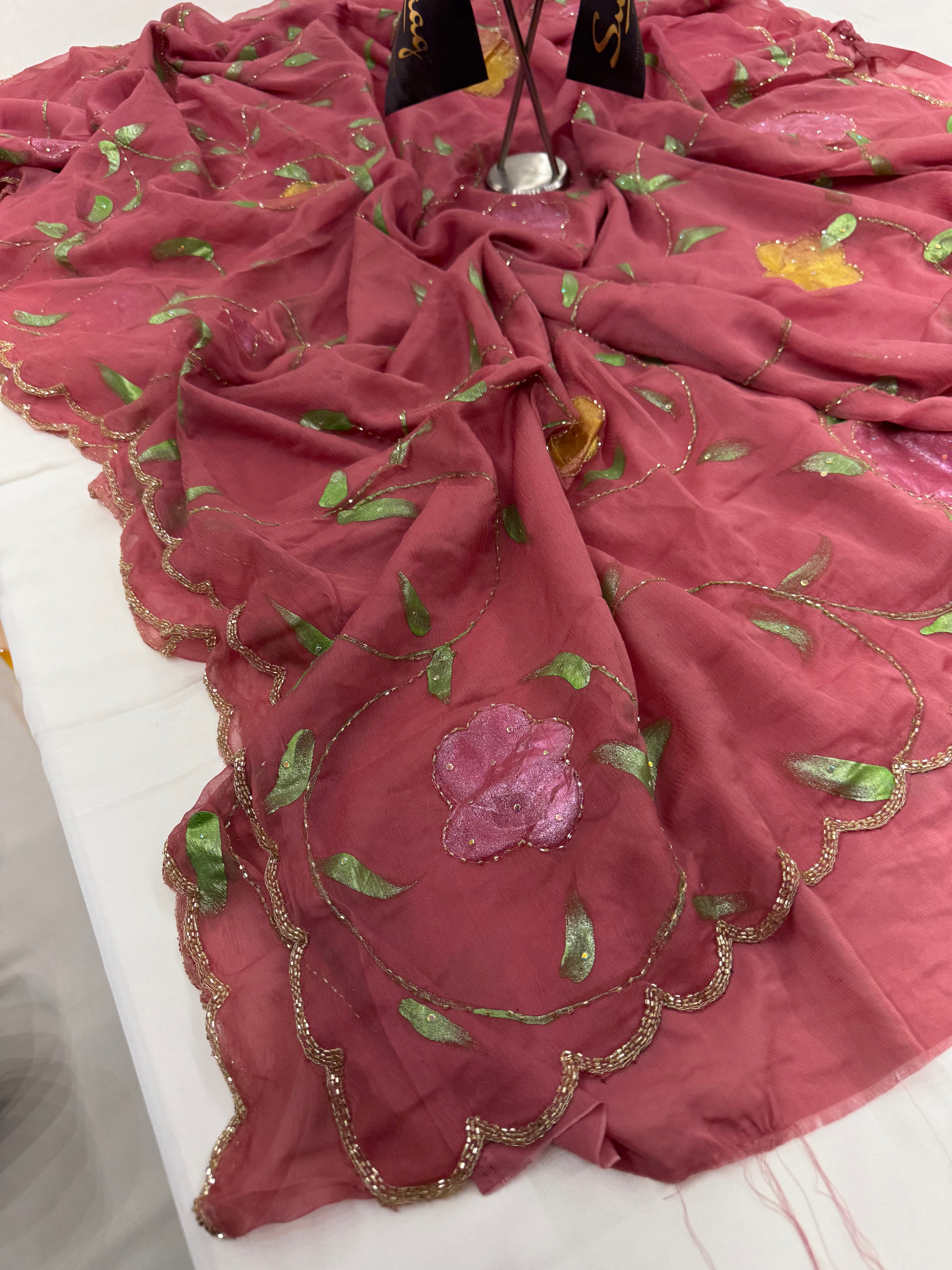 Pure Chiffon Hand Painted Saree – Dusty Rose Pink with Vines & Floral Motifs