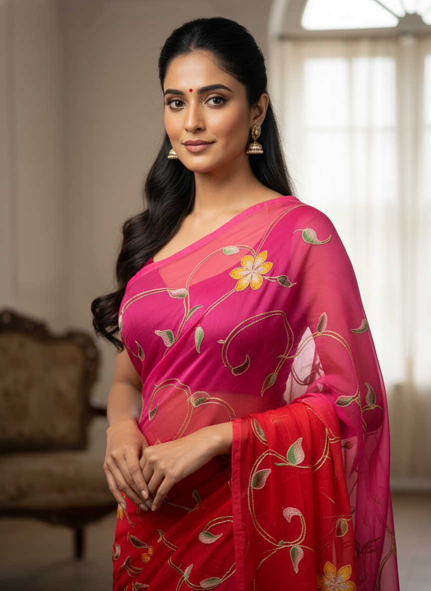 Pure Chiffon Hand Painted Saree | Red & Pink Ombre Embroidered Vine Floral