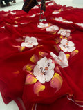 Pure Chiffon Hand Painted Saree | Red Orchid Floral Print