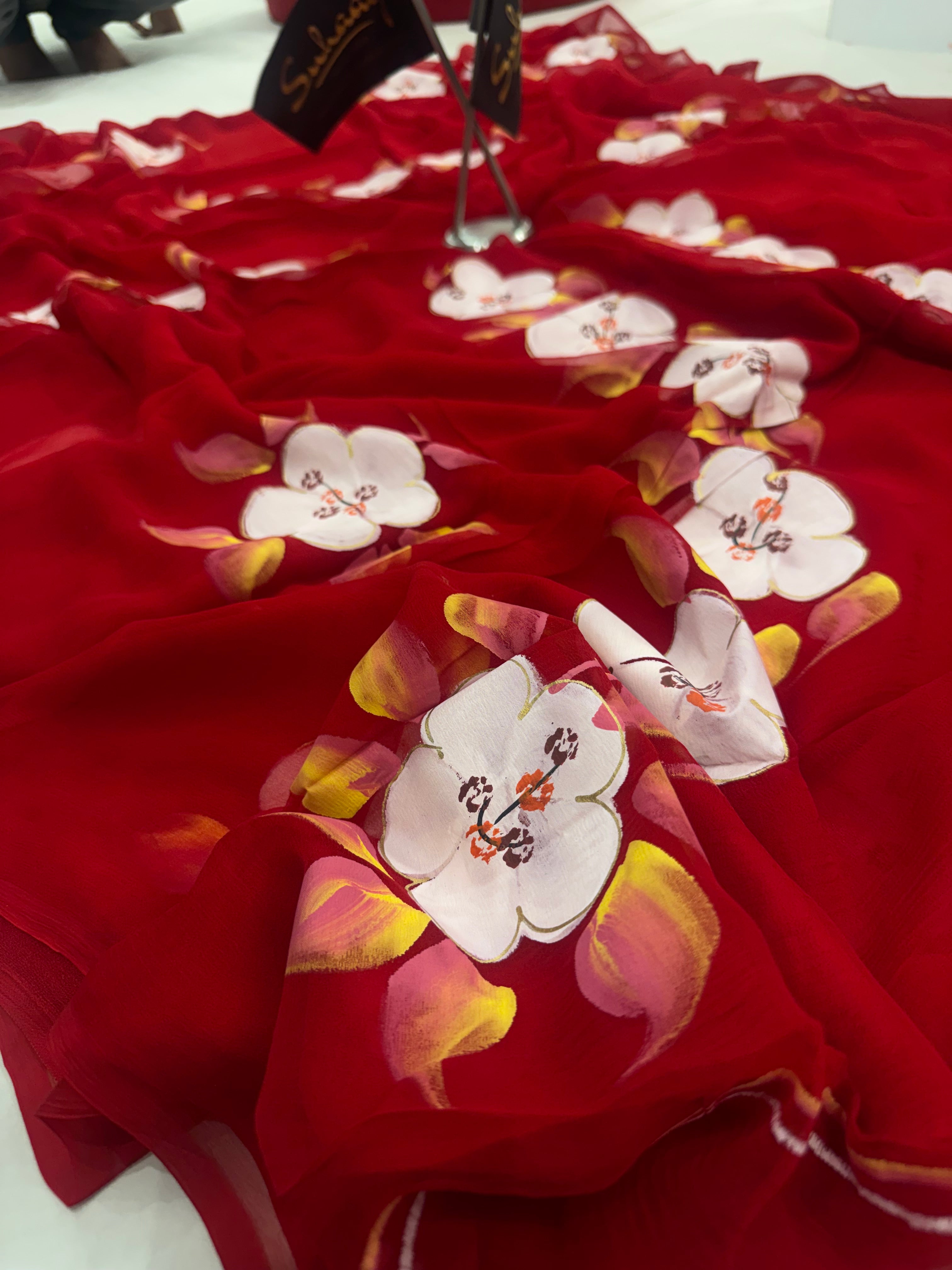 Pure Chiffon Hand Painted Saree | Red Orchid Floral Print
