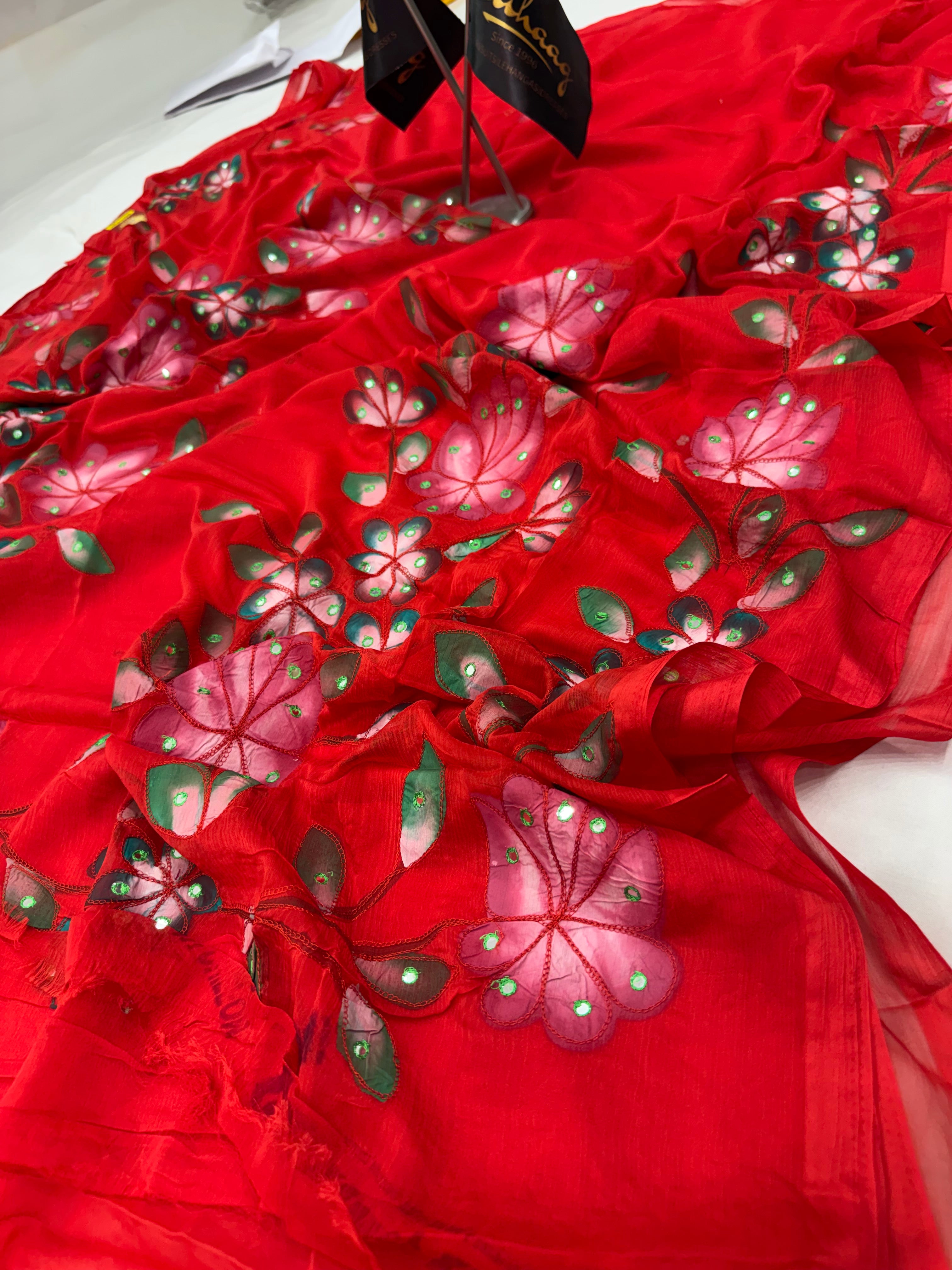 Pure Chiffon Hand Painted Saree | Red Sequin Floral Embroidery