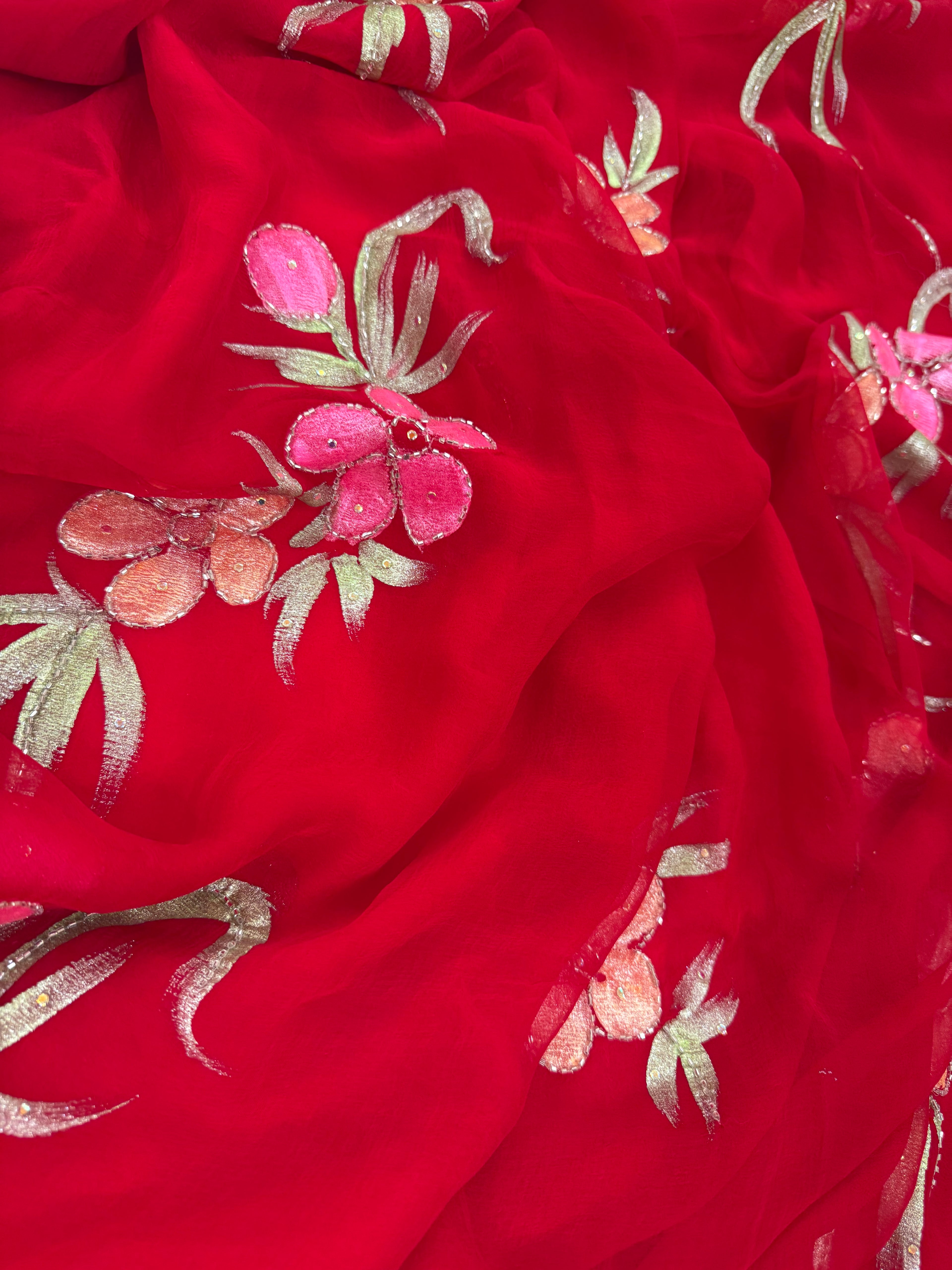 Pure Chiffon Hand Painted Saree – Crimson Red with Floral Embroidery