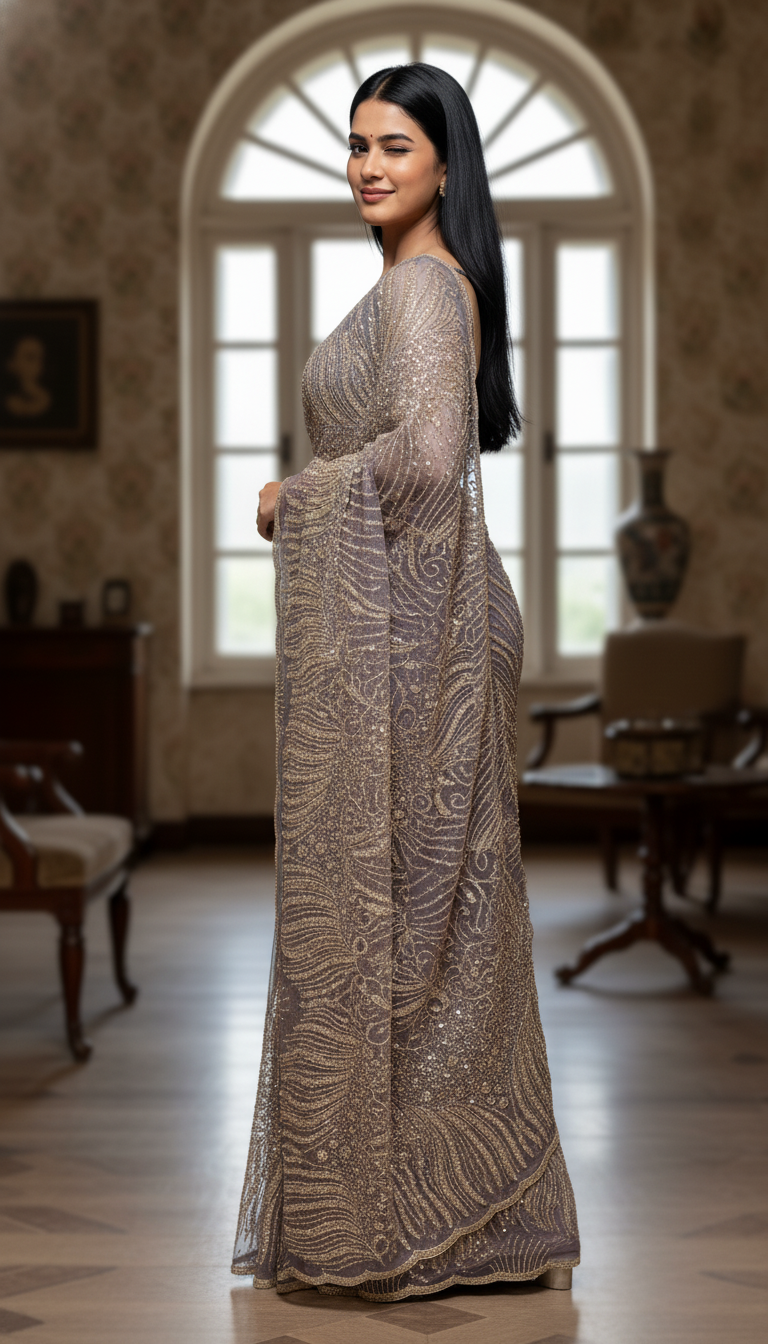 Mauve Grey Sequin Wave Net Saree