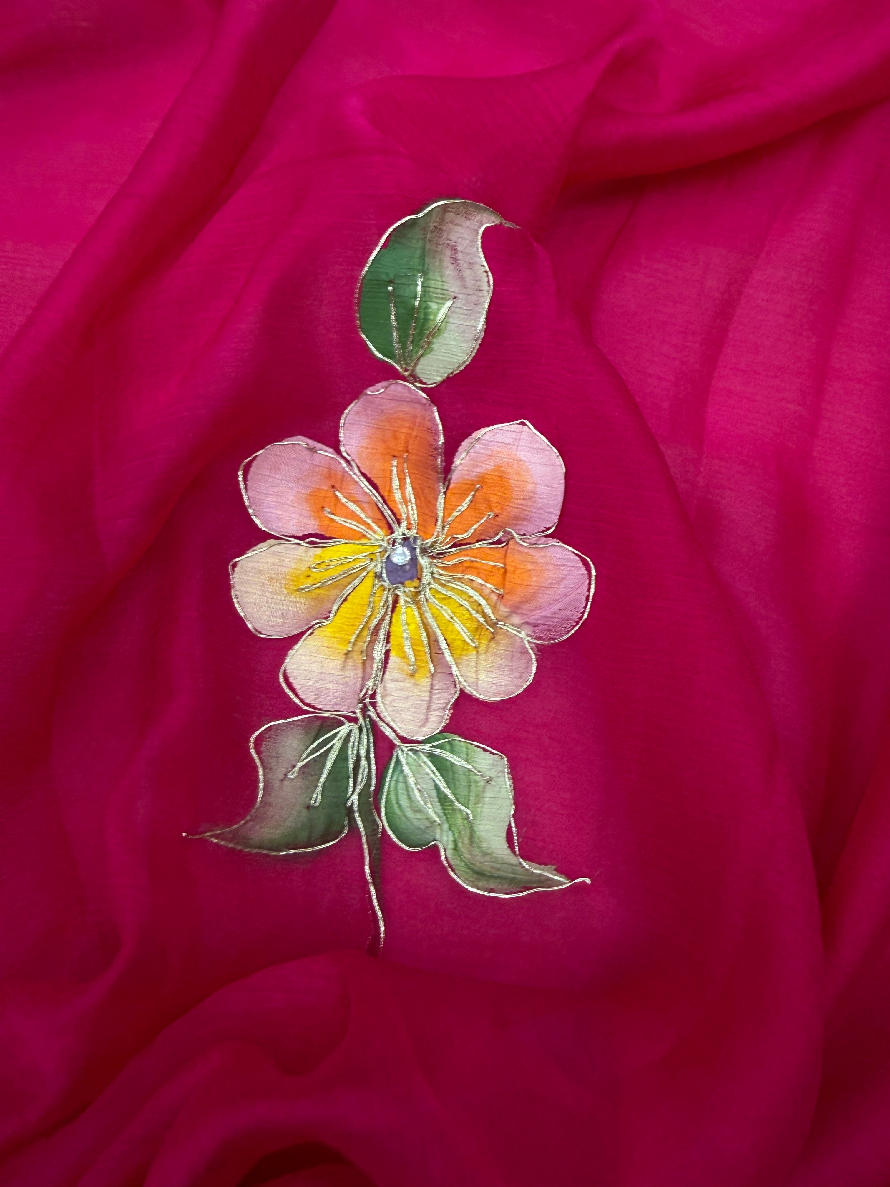 Pure Chiffon Hand Painted Saree | Rani Pink Garden Floral