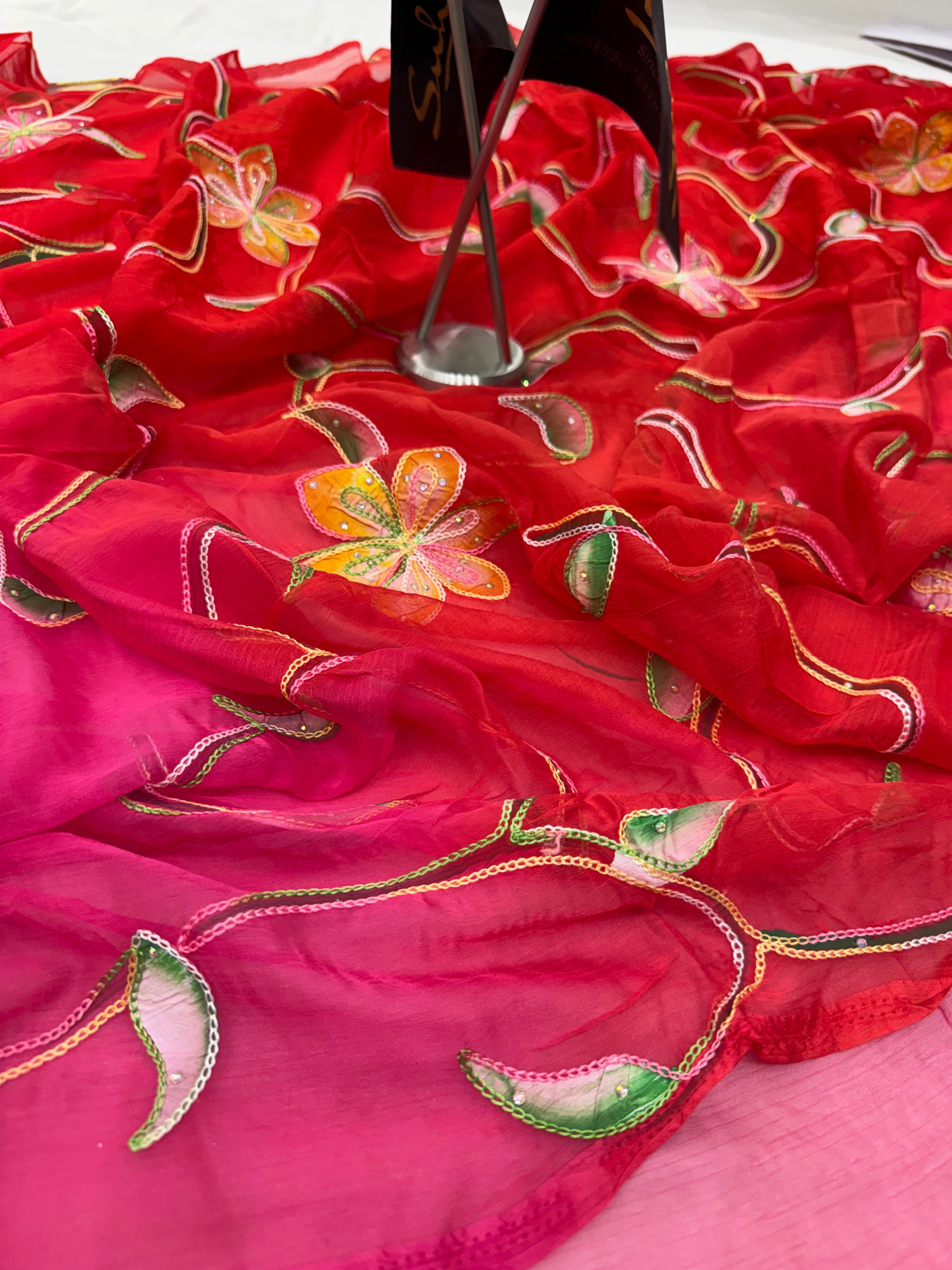 Pure Chiffon Hand Painted Saree | Red & Pink Ombre Embroidered Vine Floral