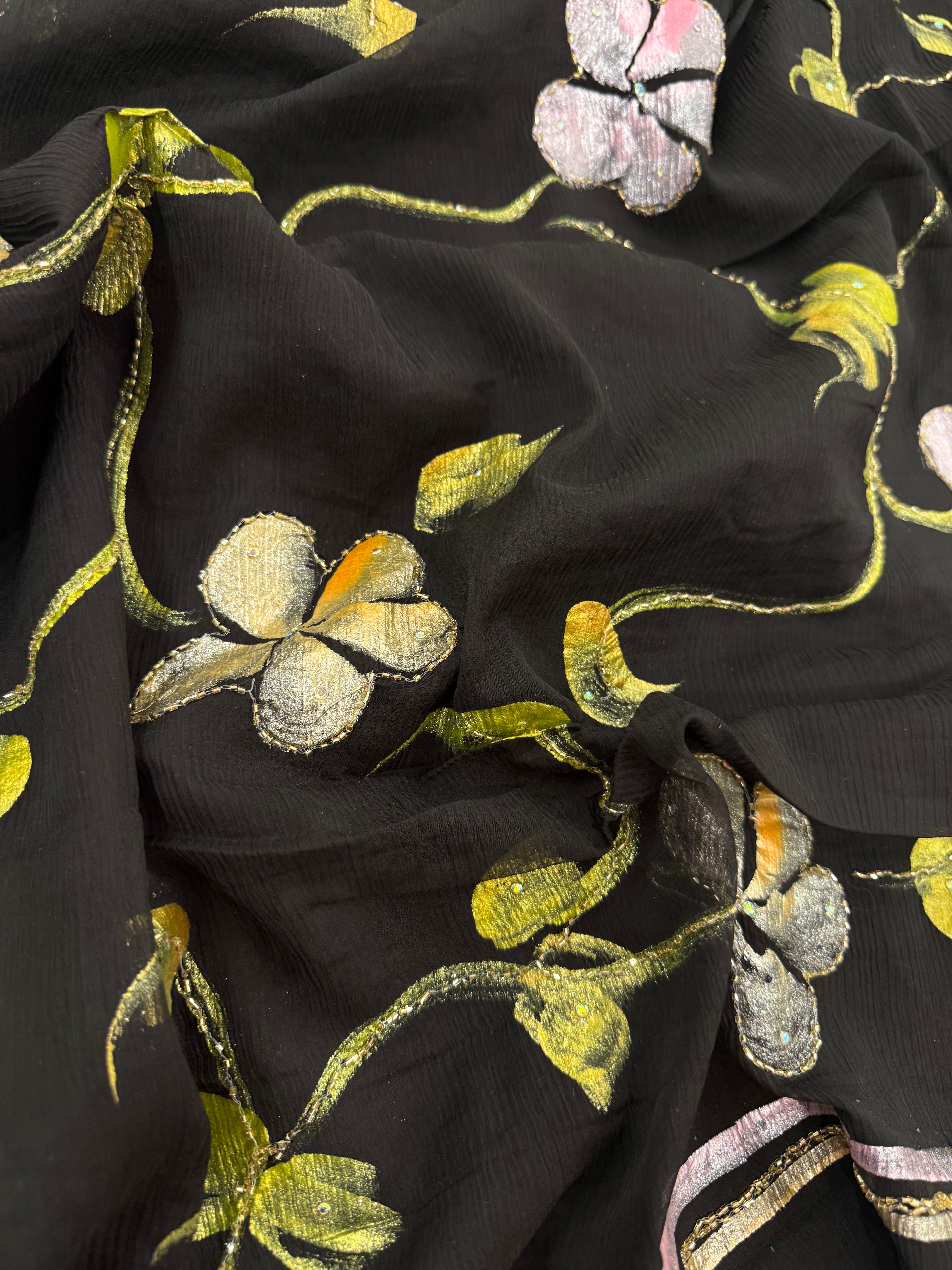 Pure Chiffon Hand Painted Saree – Midnight Black with Floral Vine Embroidery