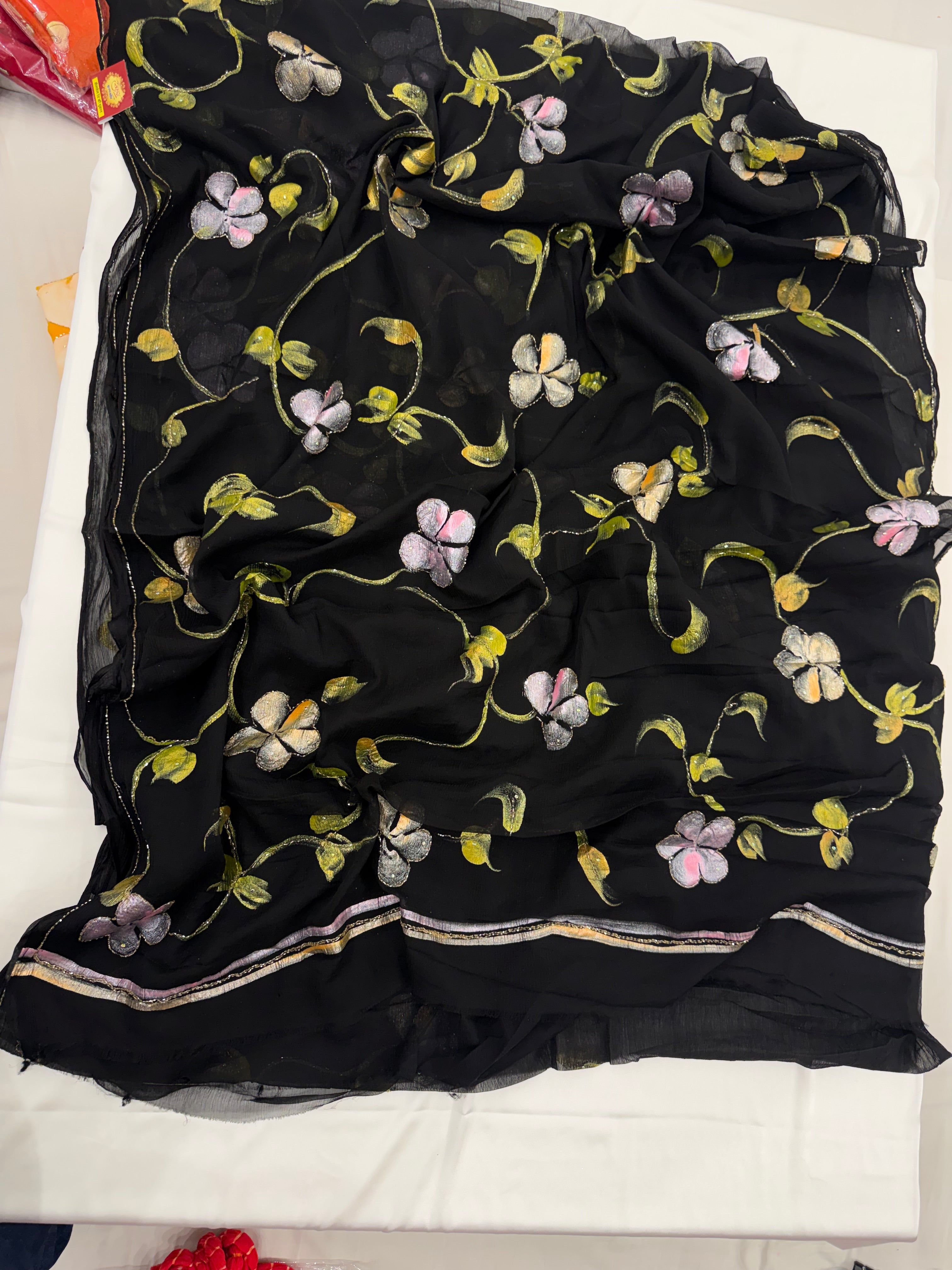 Pure Chiffon Hand Painted Saree – Midnight Black with Floral Vine Embroidery
