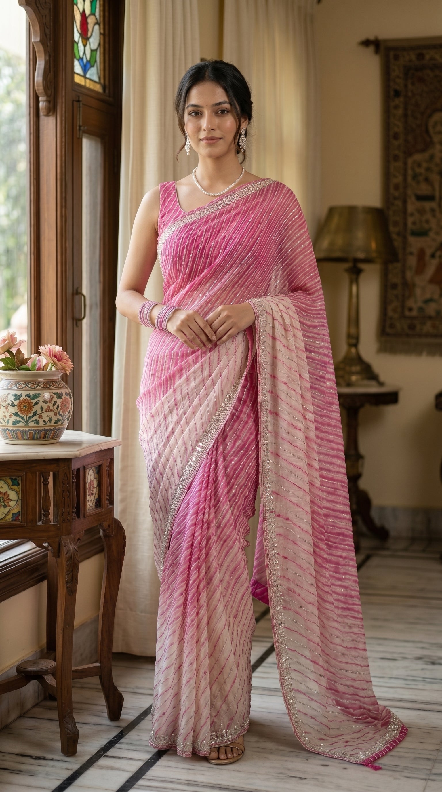 Pure Chinon Leheriya Saree – Pink Ombre Diagonal Stripes with Sequin Border