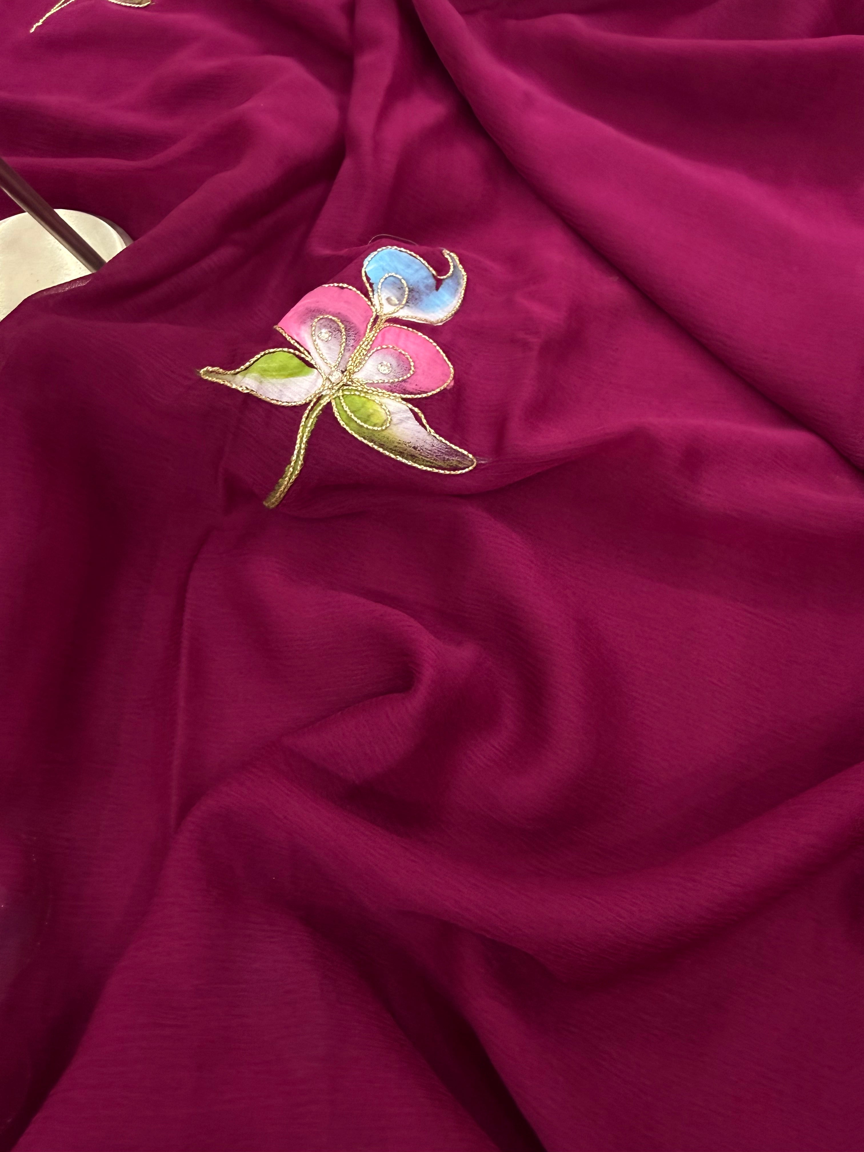 Pure Chiffon Hand Painted Saree – Wine Purple with Multicolour Florals