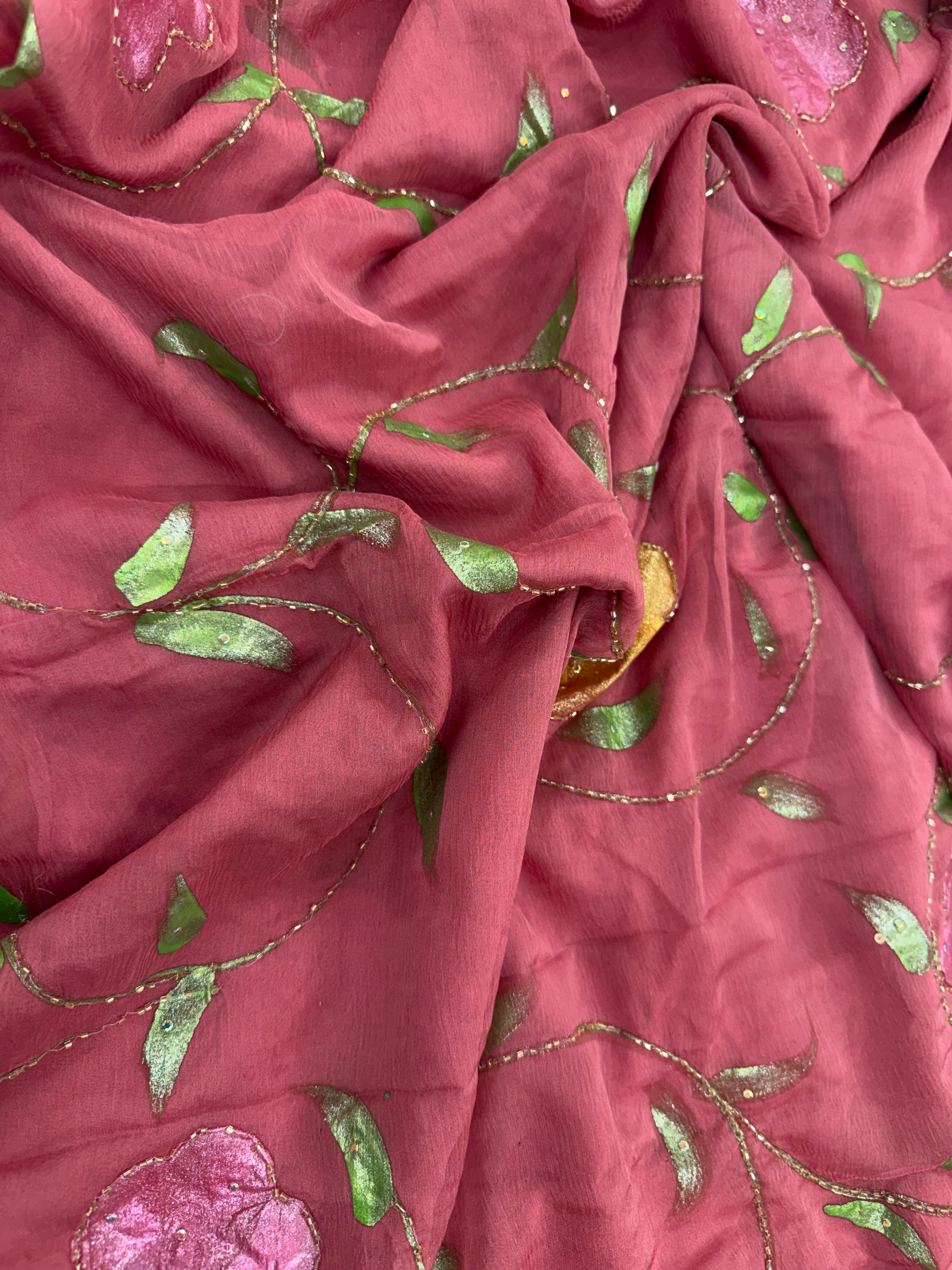 Pure Chiffon Hand Painted Saree – Dusty Rose Pink with Vines & Floral Motifs
