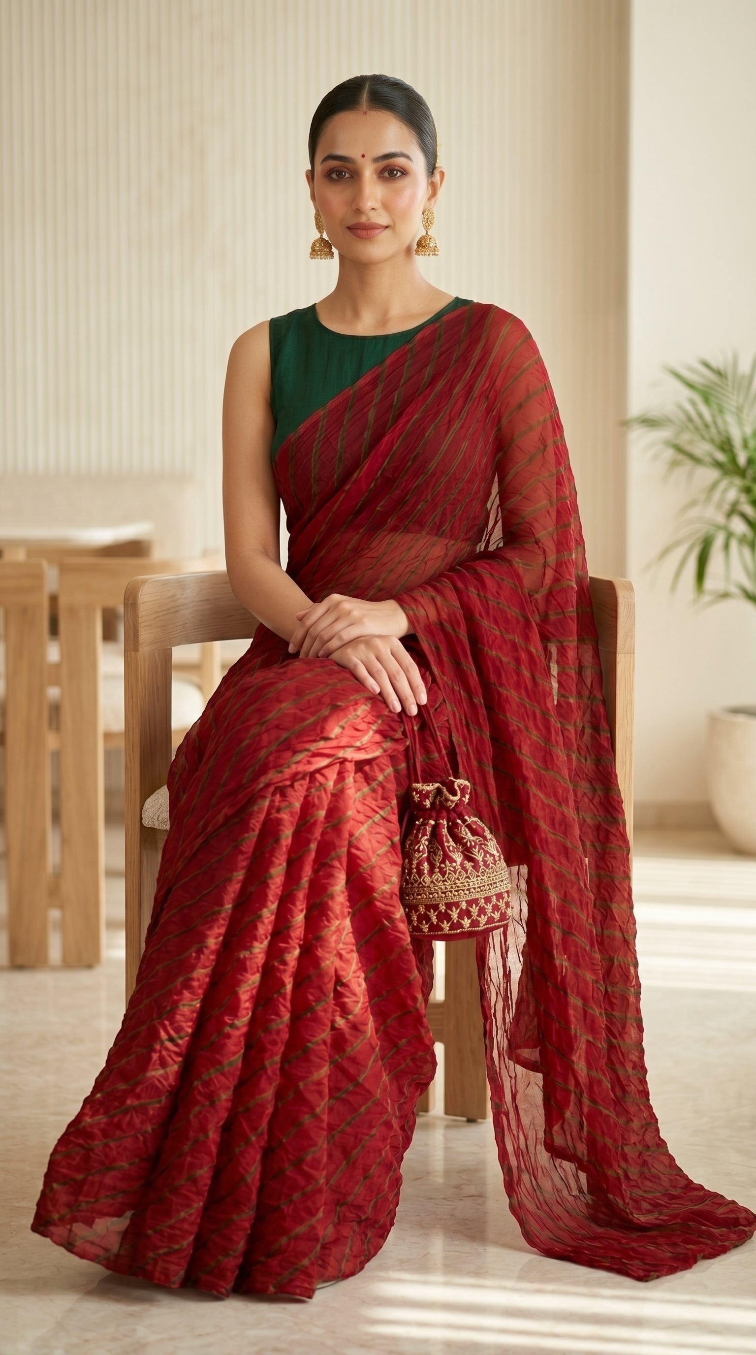 Crimson Red Leheriya Chiffon Saree