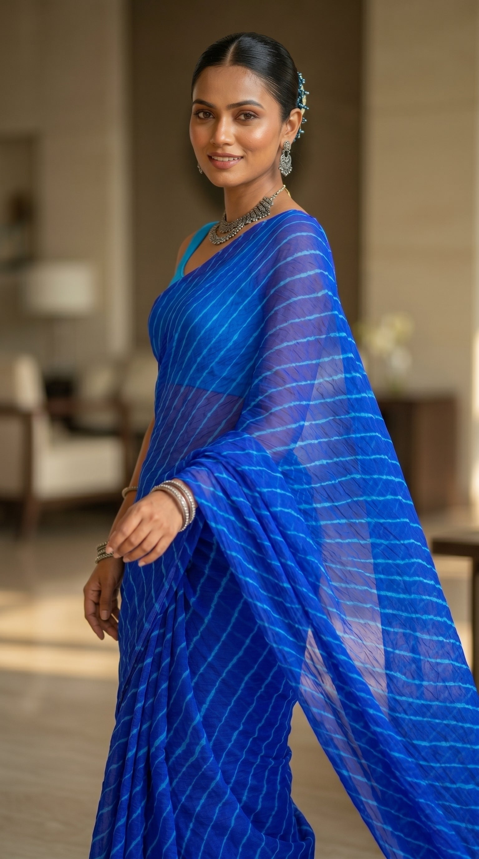 Sapphire Blue Leheriya Chiffon Saree