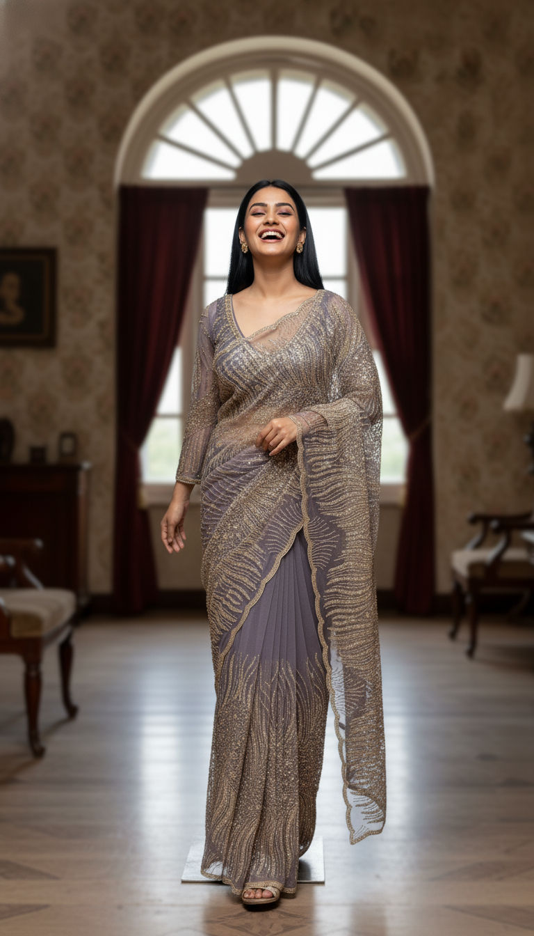 Mauve Grey Sequin Wave Net Saree