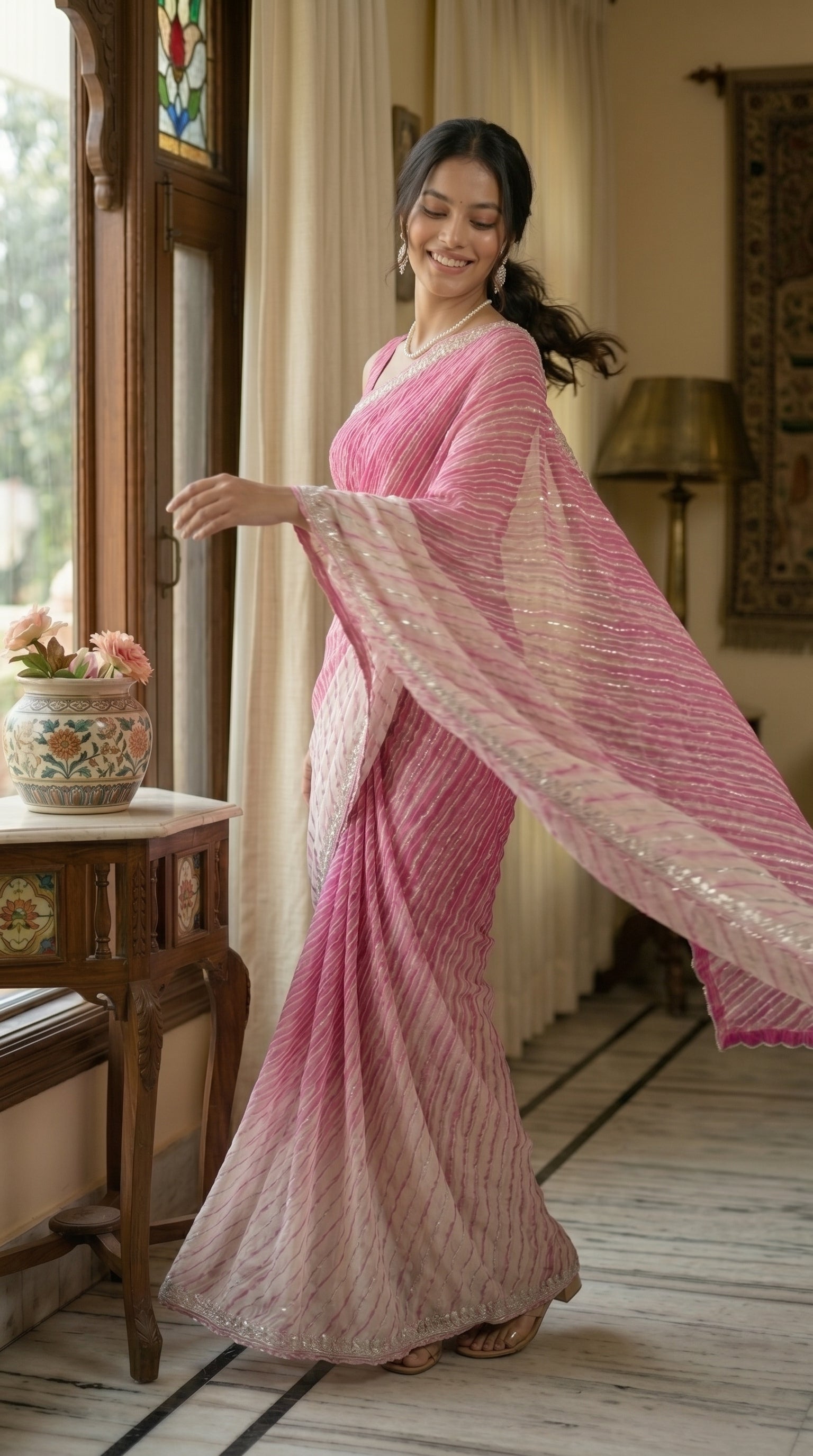 Pure Chinon Leheriya Saree – Pink Ombre Diagonal Stripes with Sequin Border