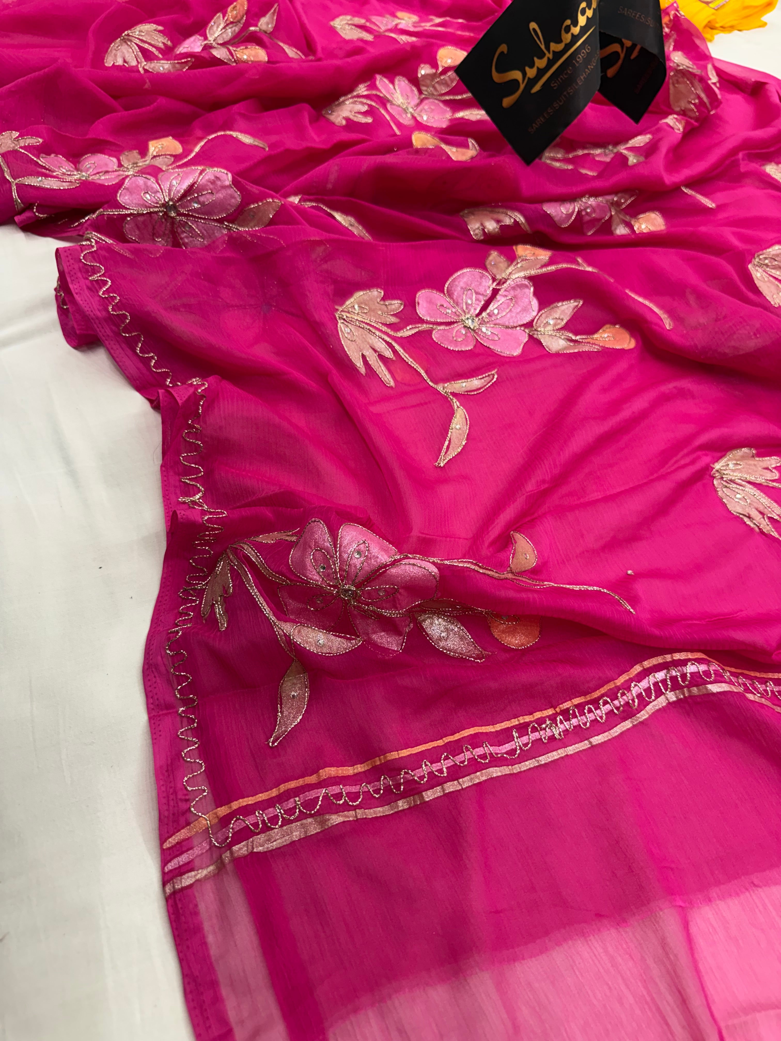Pure Chiffon Hand Painted Saree | Hot Pink Metallic Floral Embroidery