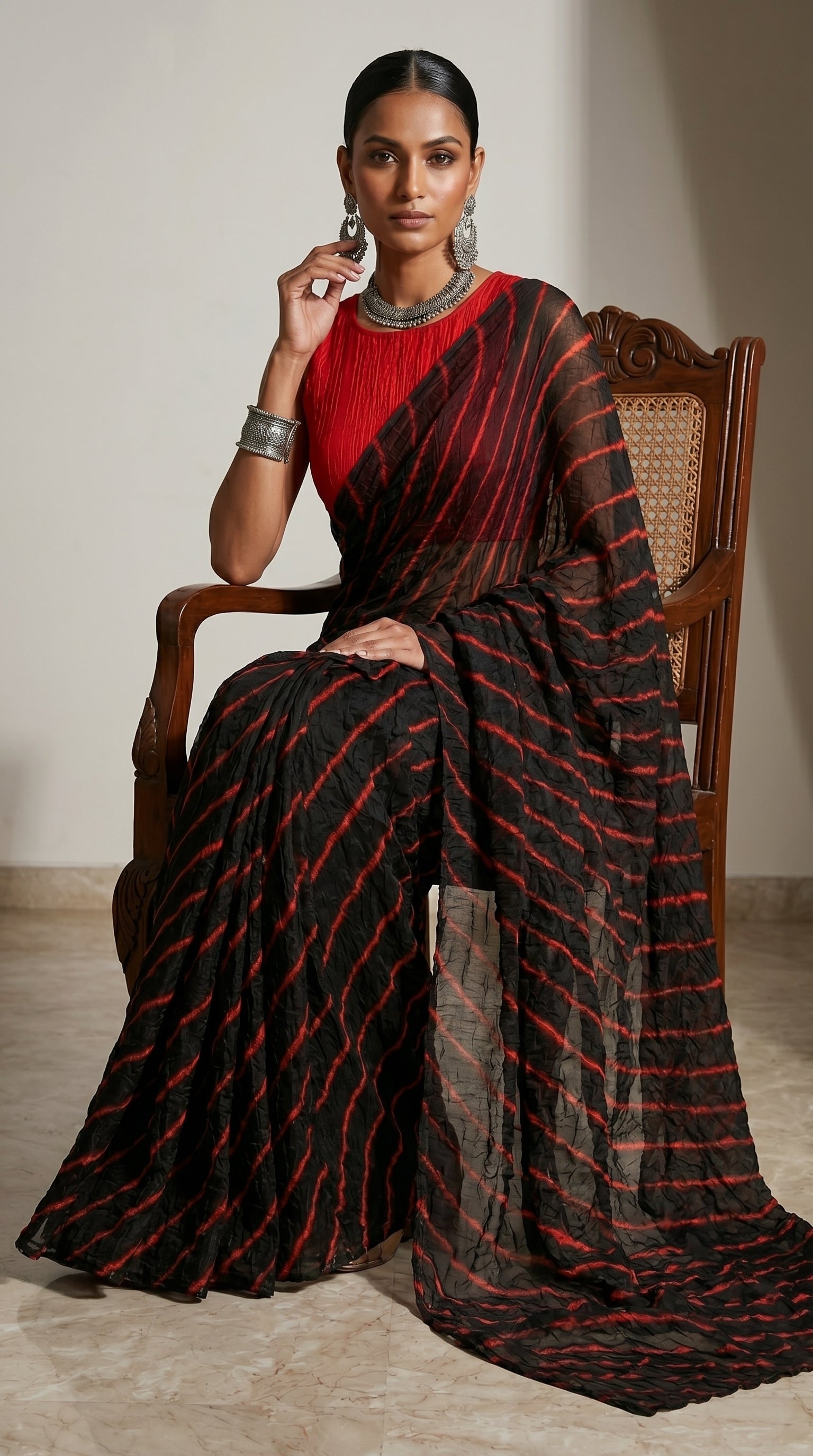 Black & Red Leheriya Chiffon Saree