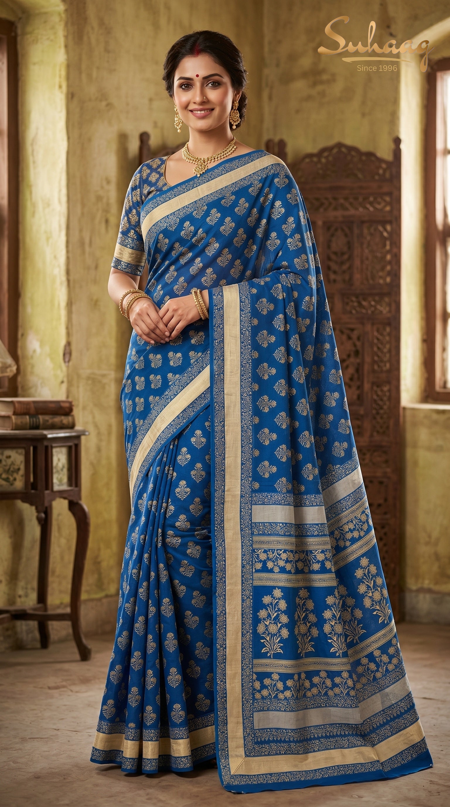 Royal Blue Floral Buti Pure Cotton Saree with Gold Zari Border | Suhaag