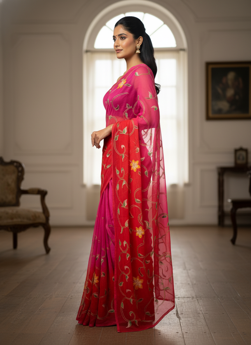 Pure Chiffon Hand Painted Saree | Red & Pink Ombre Embroidered Vine Floral
