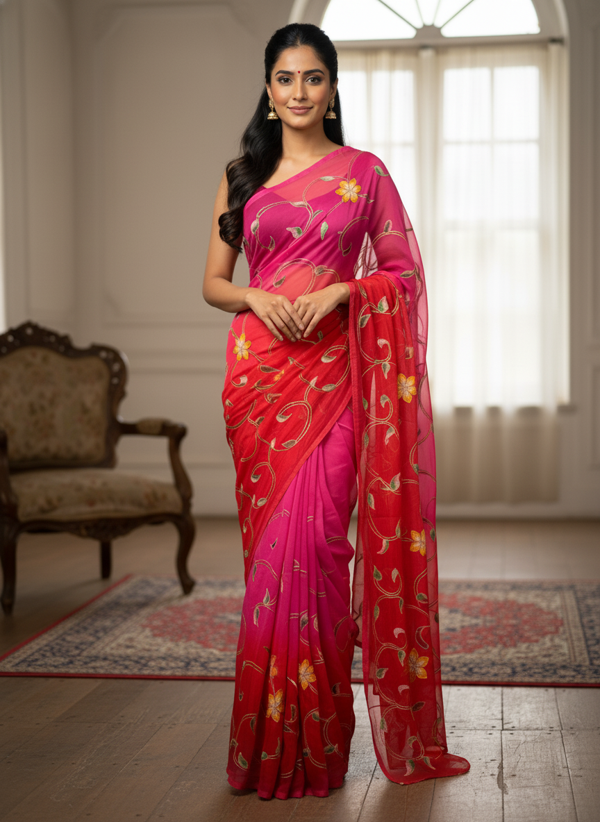Pure Chiffon Hand Painted Saree | Red & Pink Ombre Embroidered Vine Floral
