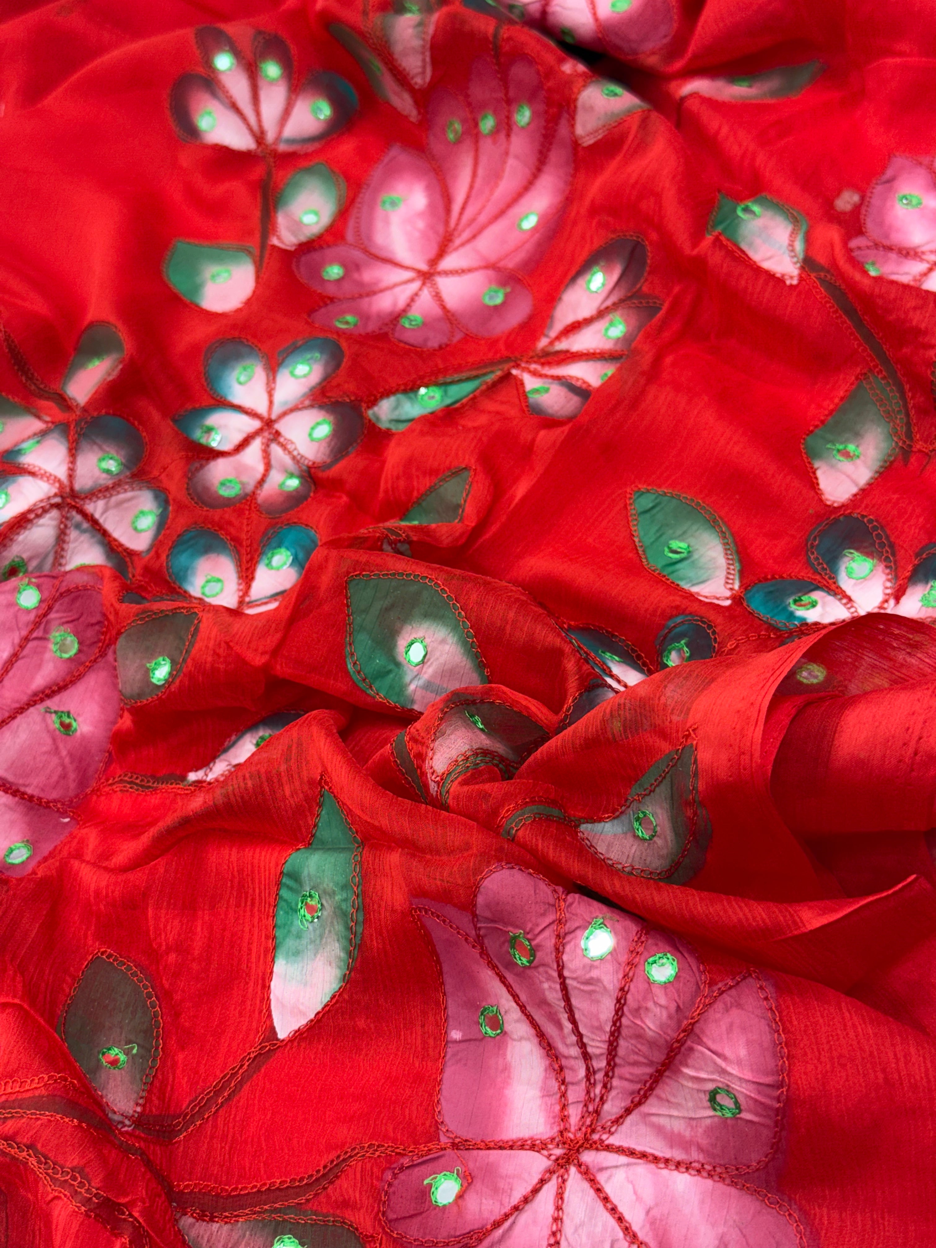 Pure Chiffon Hand Painted Saree | Red Sequin Floral Embroidery