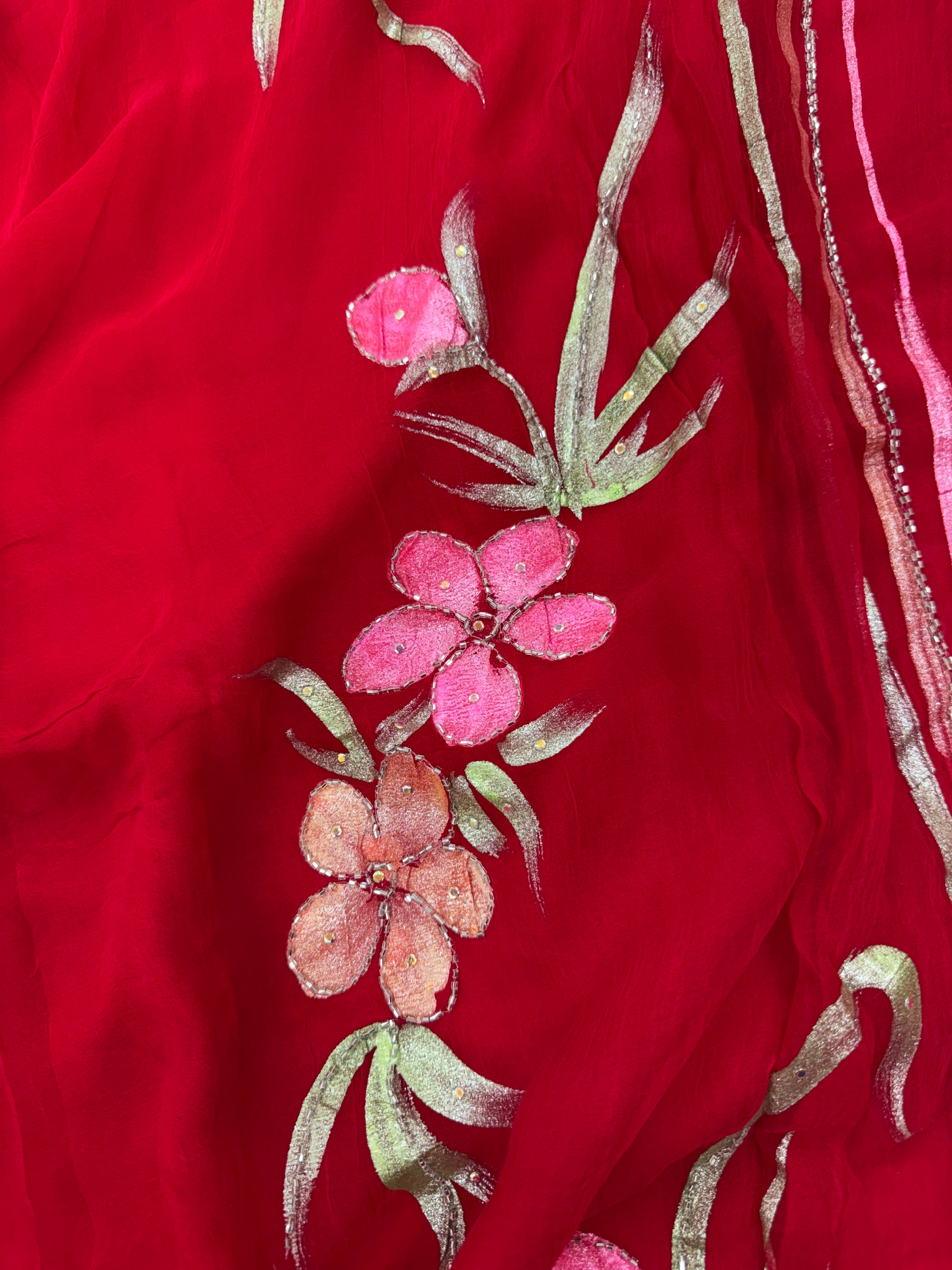 Pure Chiffon Hand Painted Saree – Crimson Red with Floral Embroidery