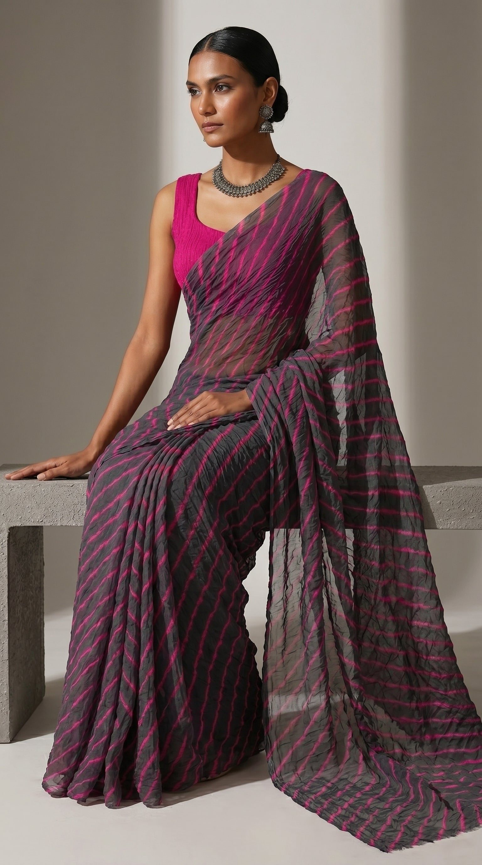 Charcoal Grey & Pink Leheriya Chiffon Saree