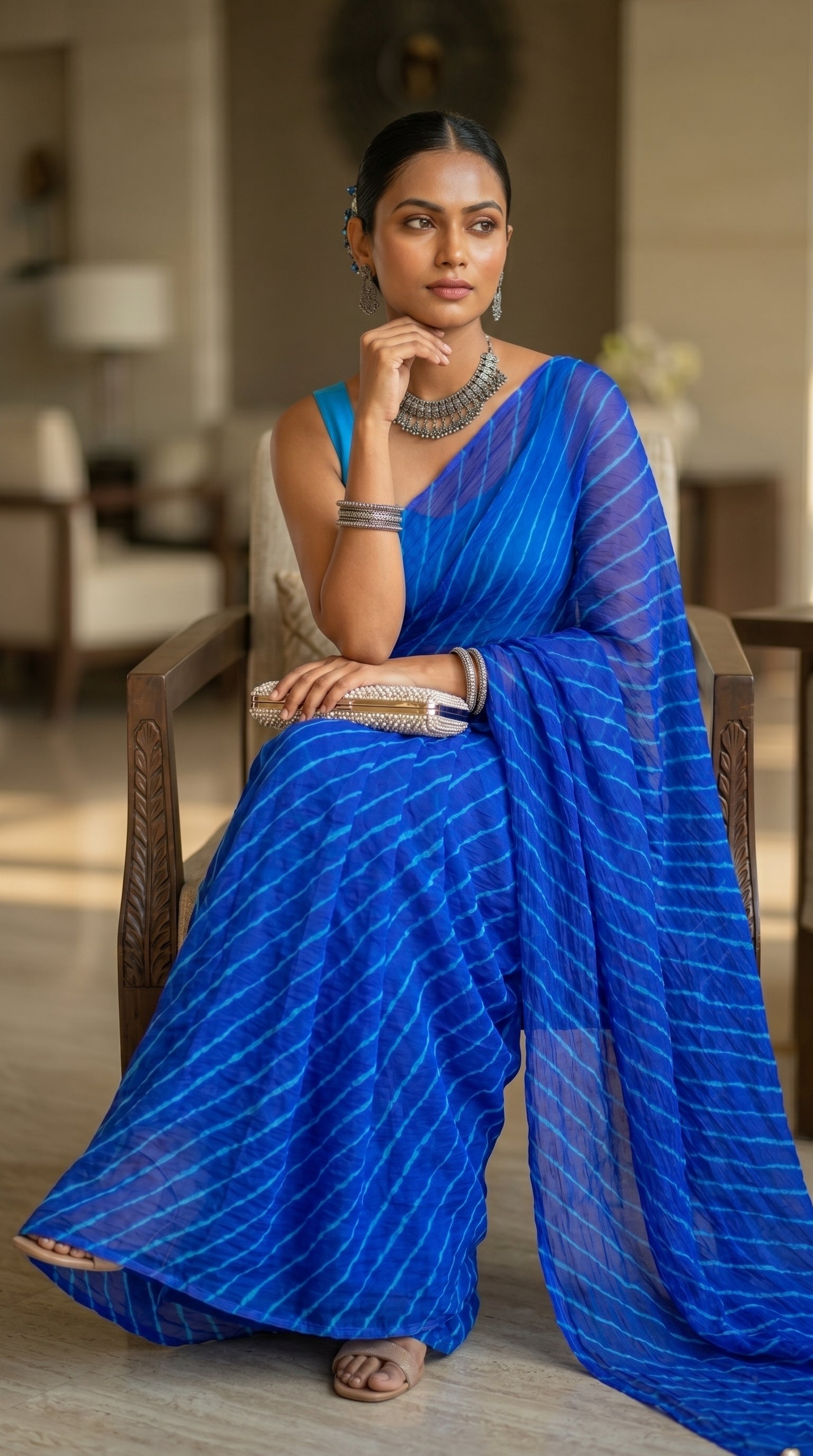 Sapphire Blue Leheriya Chiffon Saree