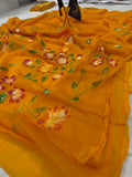 Pure Chiffon Hand Painted Saree | Mustard Rose Floral with Leaf Motifs