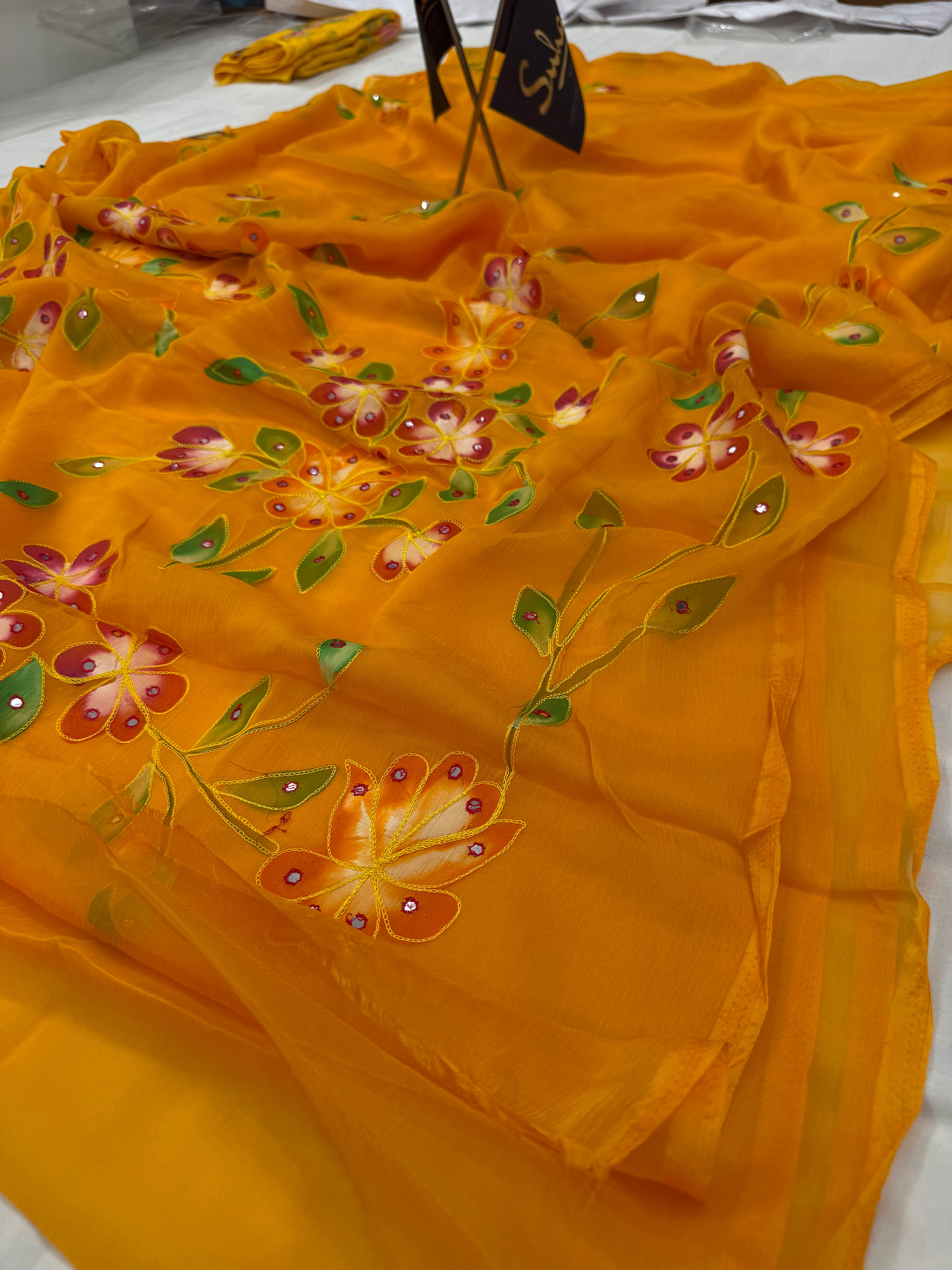 Pure Chiffon Hand Painted Saree | Mustard Rose Floral with Leaf Motifs