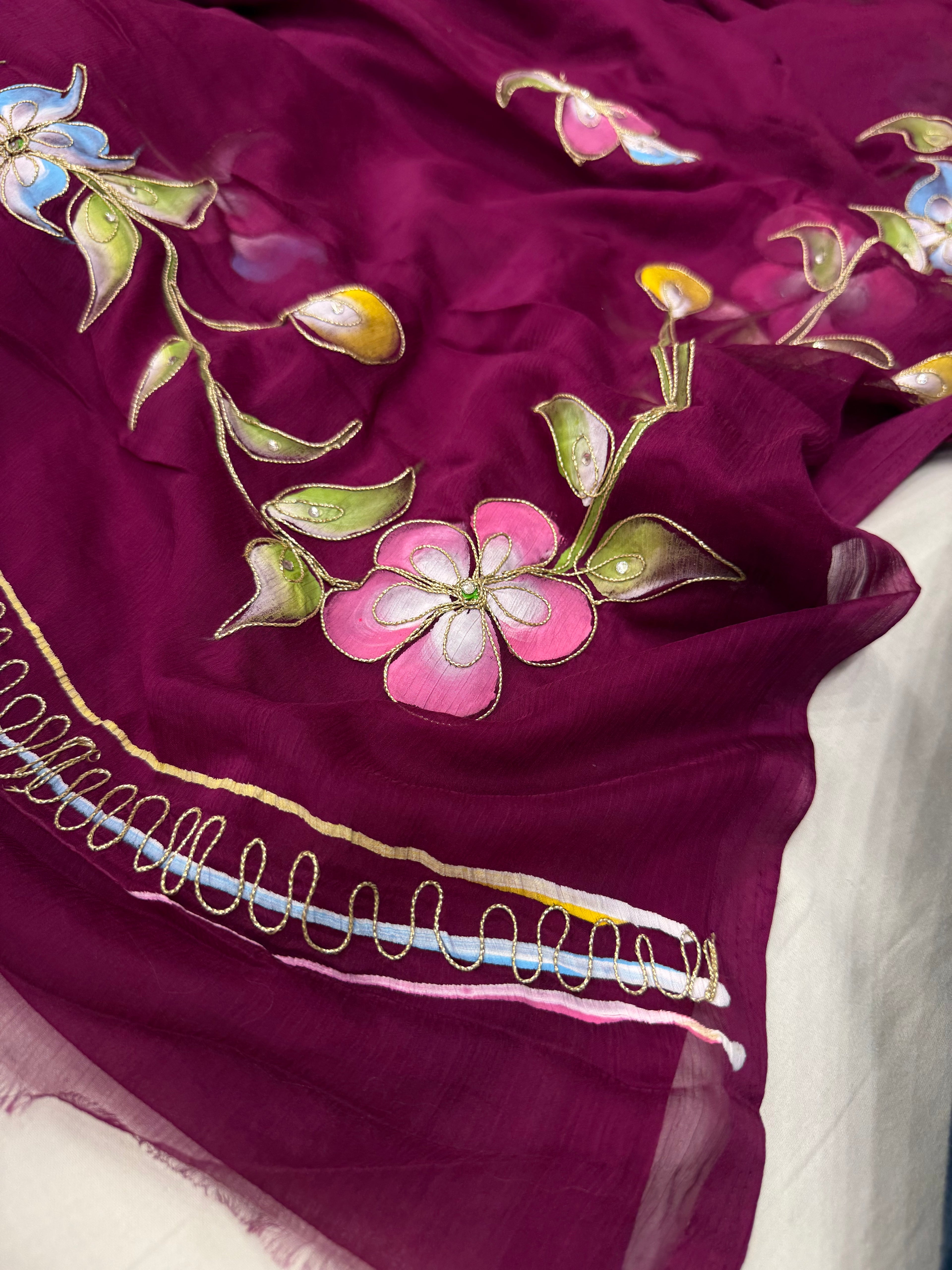 Pure Chiffon Hand Painted Saree | Wine Purple Floral with Gota Border