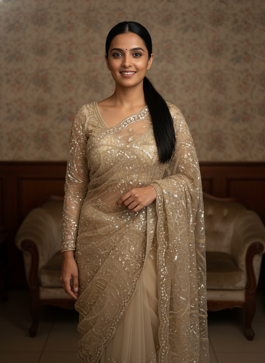 Champagne Gold Heavy Sequin Net Saree