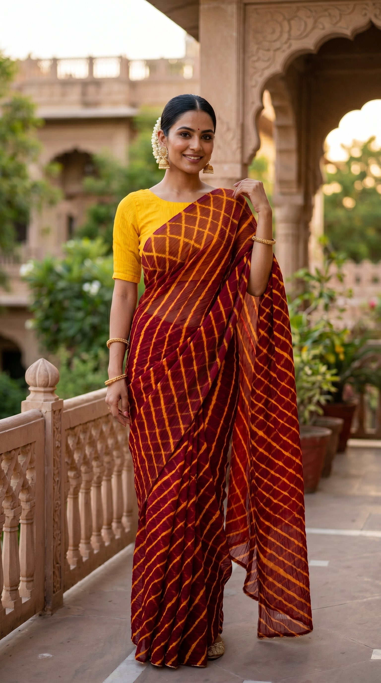 Crimson Red Leheriya Chiffon Saree