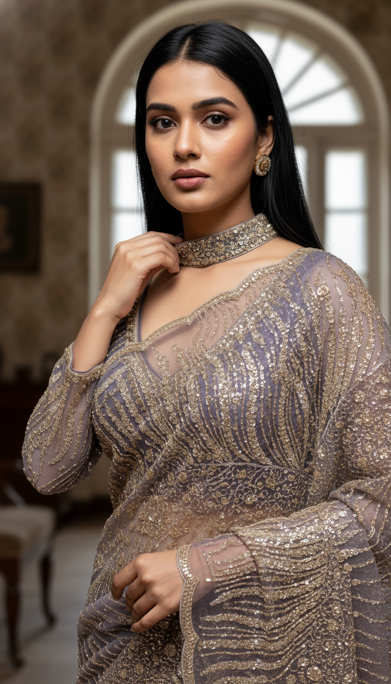Mauve Grey Sequin Wave Net Saree