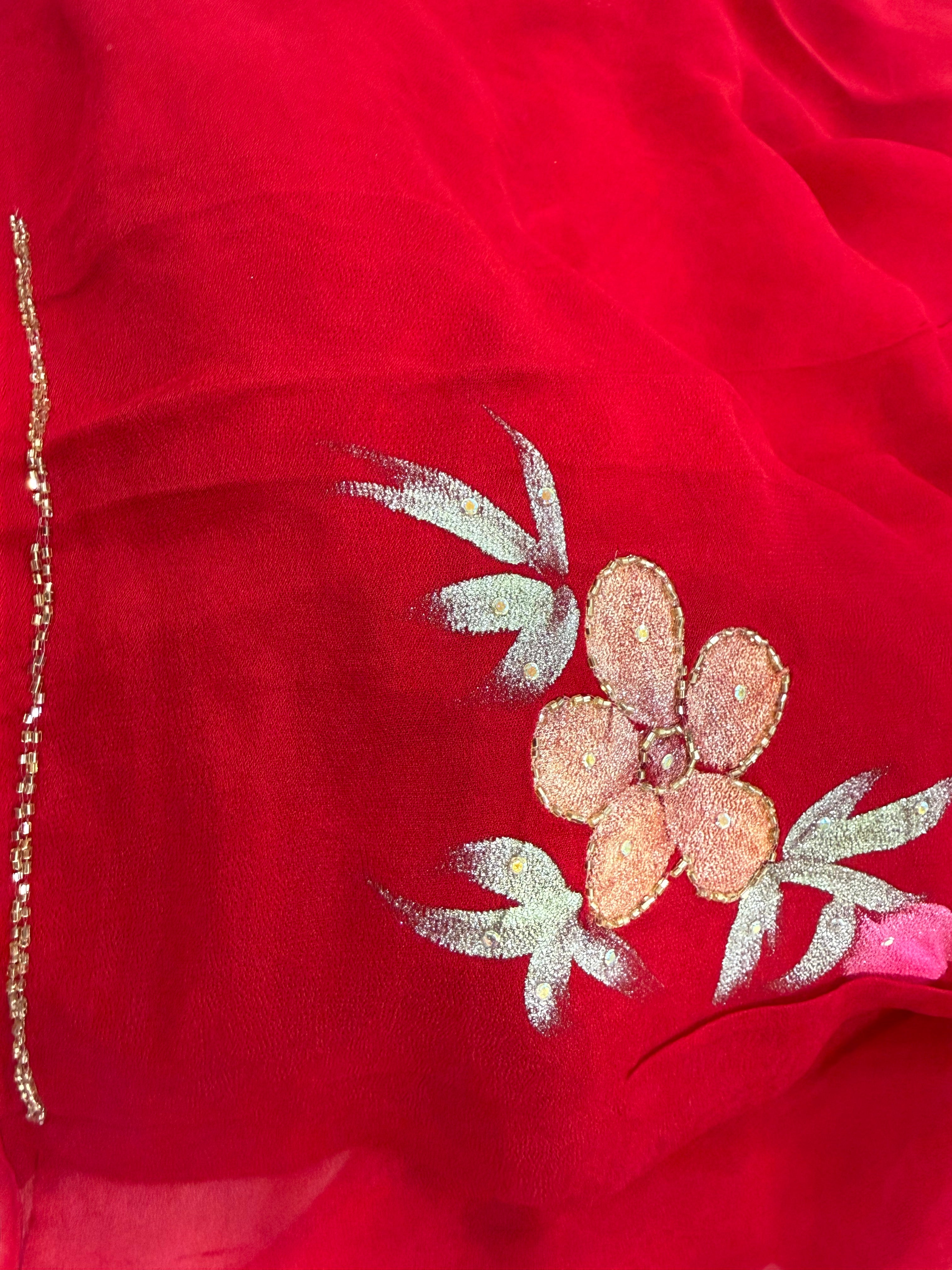 Pure Chiffon Hand Painted Saree – Crimson Red with Floral Embroidery