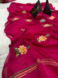 Pure Chiffon Hand Painted Saree | Rani Pink Garden Floral
