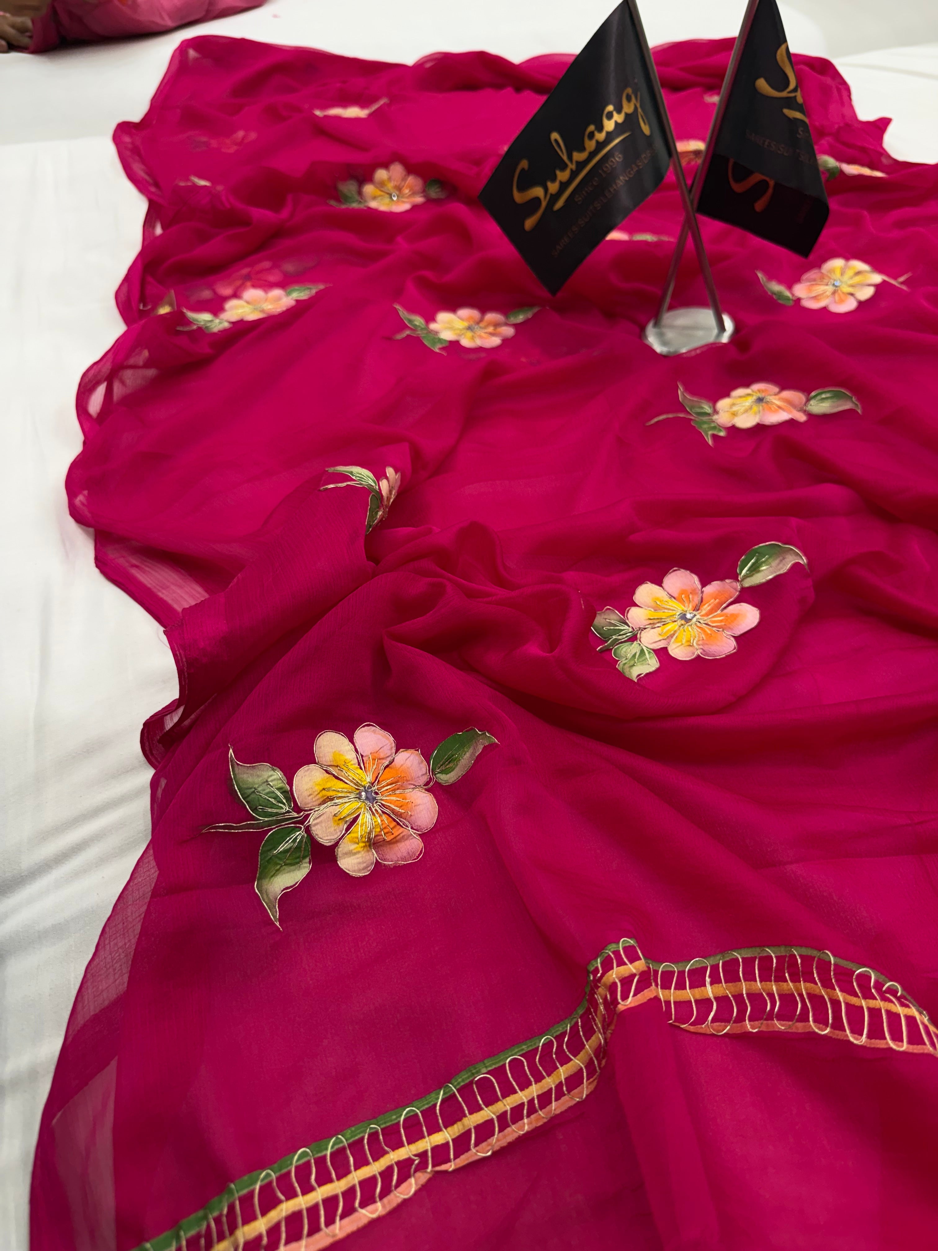 Pure Chiffon Hand Painted Saree | Rani Pink Garden Floral