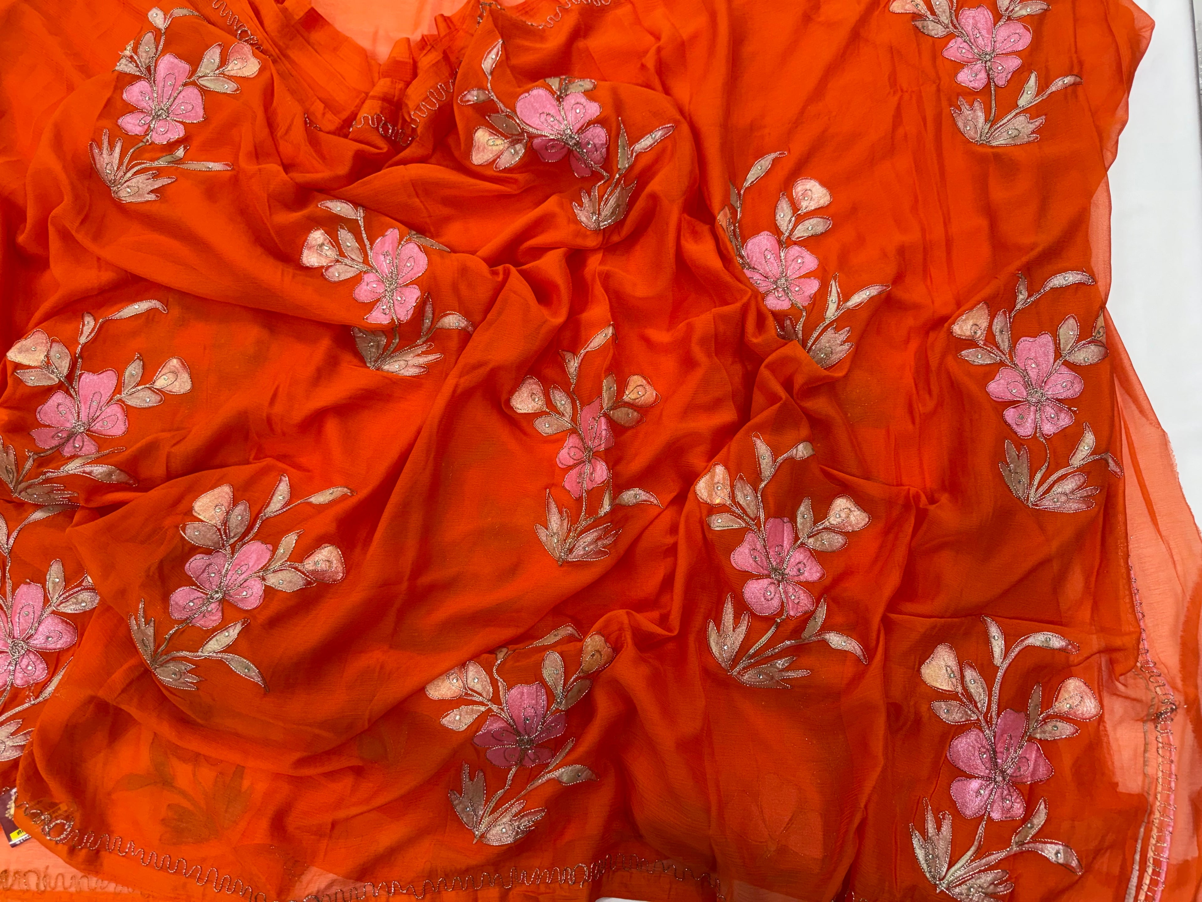 Pure Chiffon Hand Painted Saree – Vivid Orange with Pink Floral Embroidery