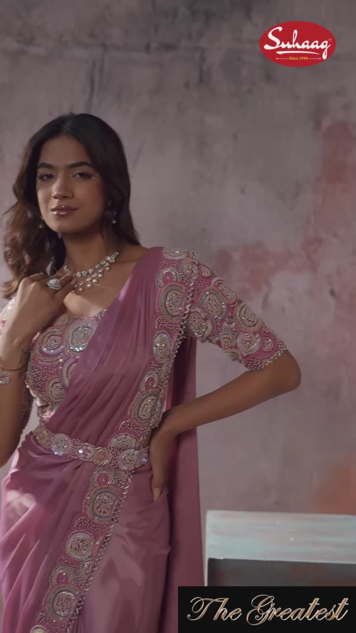 Mauve Silk Satin Saree with Heavily Embellished Mirror-Work Blouse & Belt Set