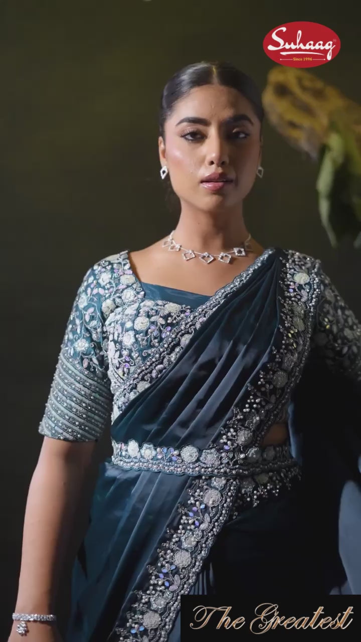 Prussian Blue Silk Satin Saree with Intricate Silver Hand-Embroidery & Belt Set