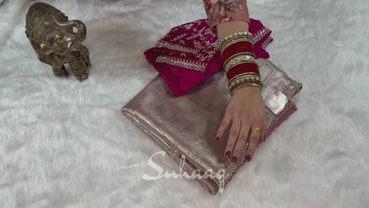 Champagne Pink Gold Metallic Tissue Saree with Heavy Embroidered Magenta Blouse