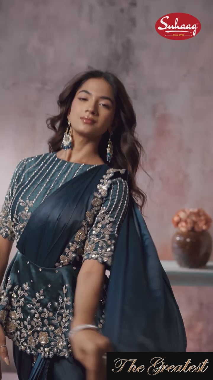 Midnight Teal Silk Saree with Peplum Bodice & Crystal Embroidery Set