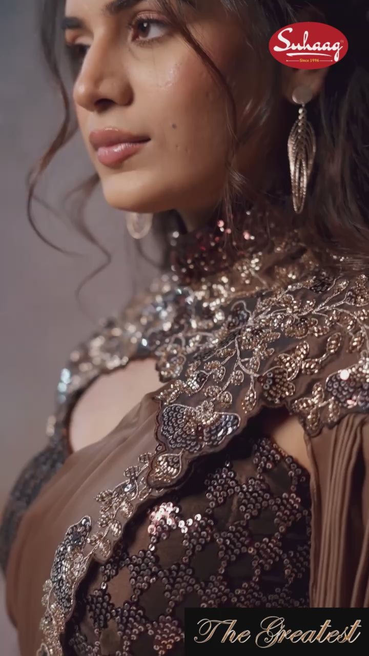 Coffee Bronze Cape Saree Set – The "Greatest" Sequin & Pleat Fusion