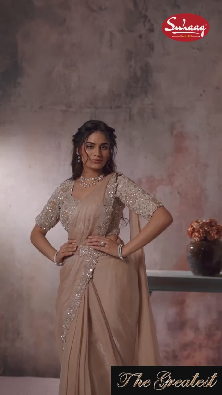 Champagne Shimmer Silk Saree with Intricate Sequin Blouse & Belt Set